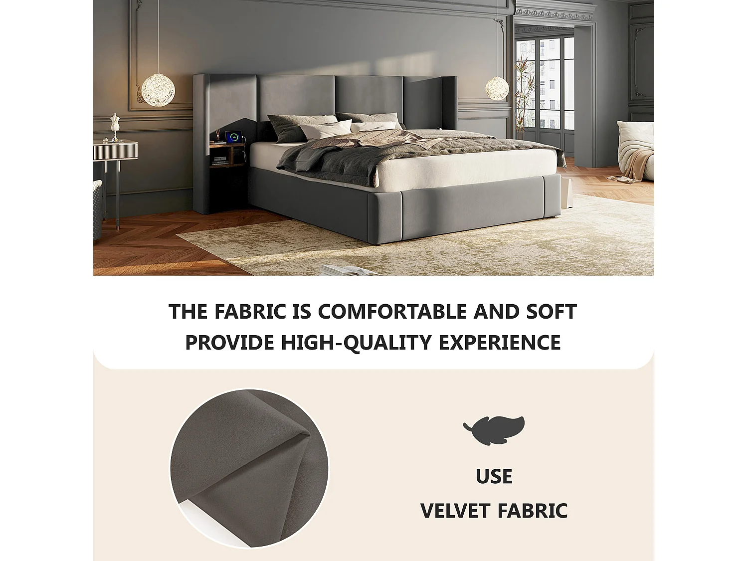 160x200cm Velvet Storage Bed - with USB Port and 2 Bedside Tables - with Slatted Base - Beige