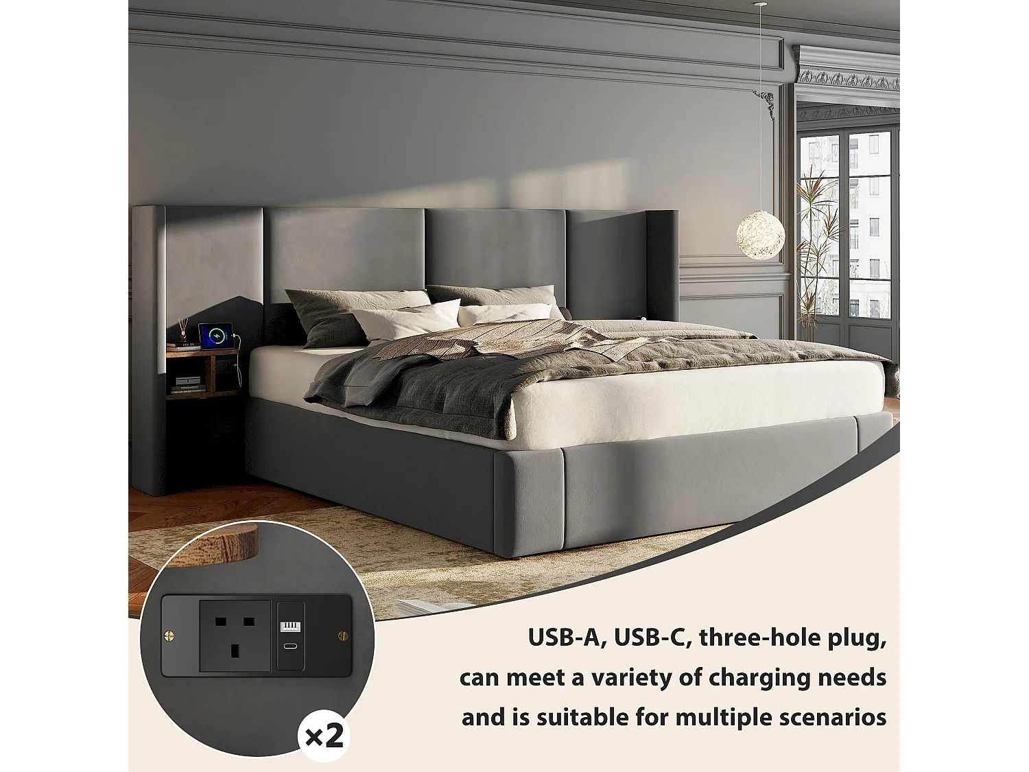 160x200cm Velvet Storage Bed - with USB Port and 2 Bedside Tables - with Slatted Base - Beige