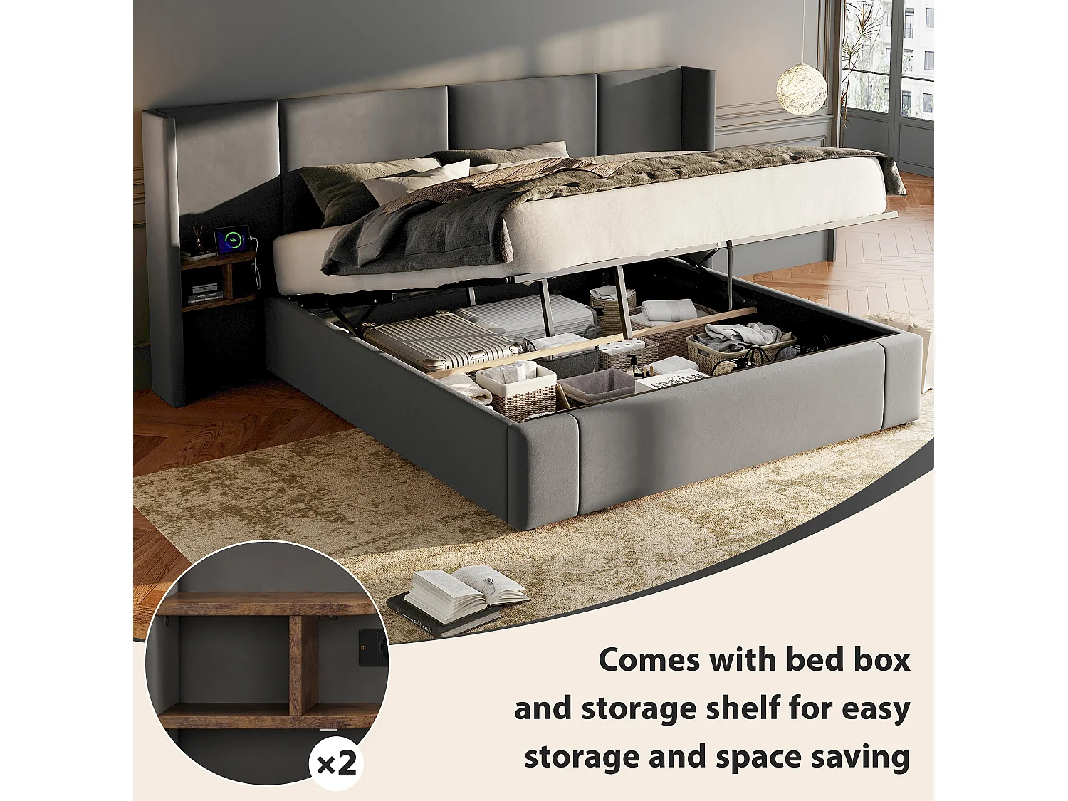 160x200cm Velvet Storage Bed - with USB Port and 2 Bedside Tables - with Slatted Base - Beige