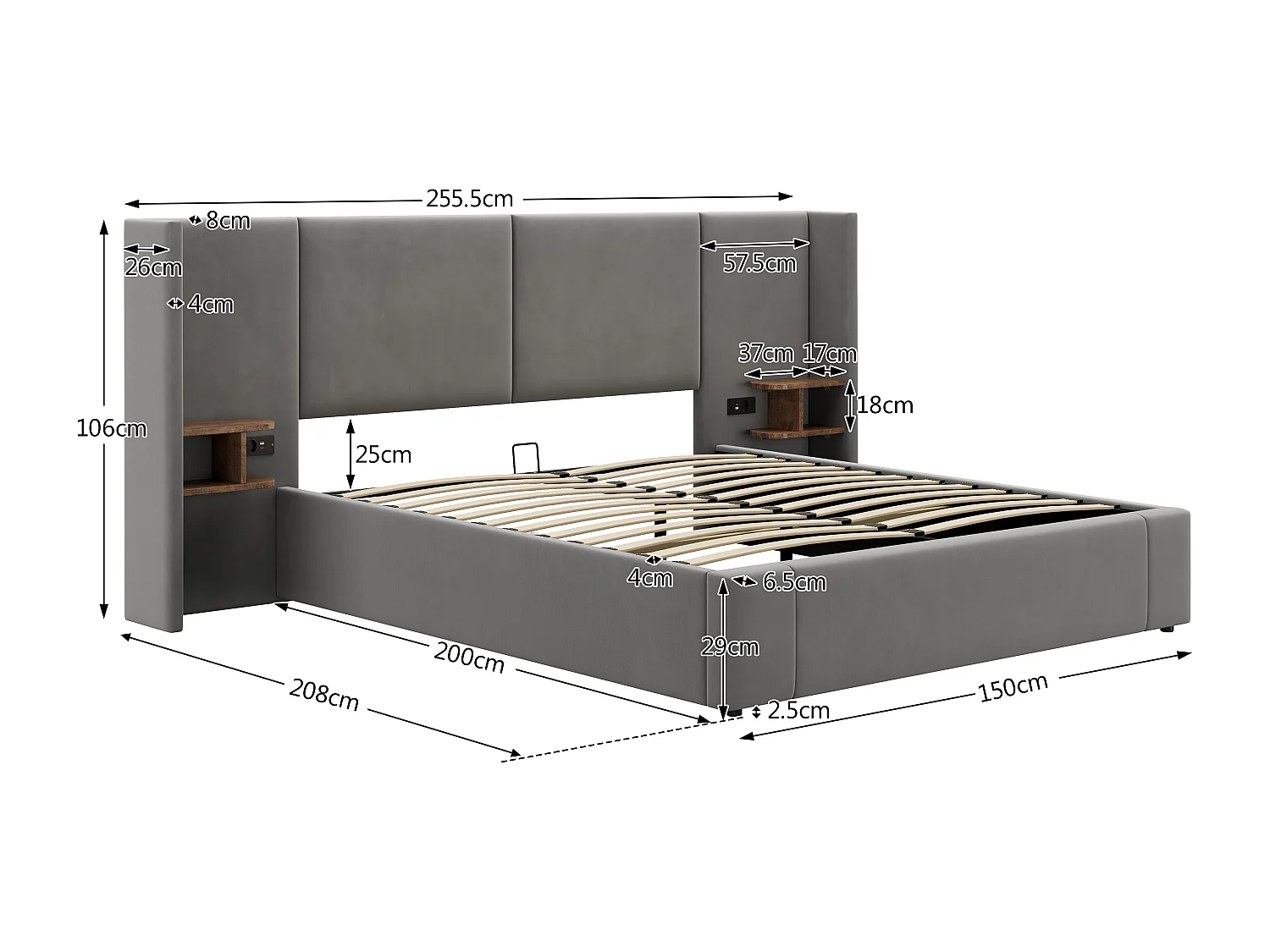 160x200cm Velvet Storage Bed - with USB Port and 2 Bedside Tables - with Slatted Base - Beige