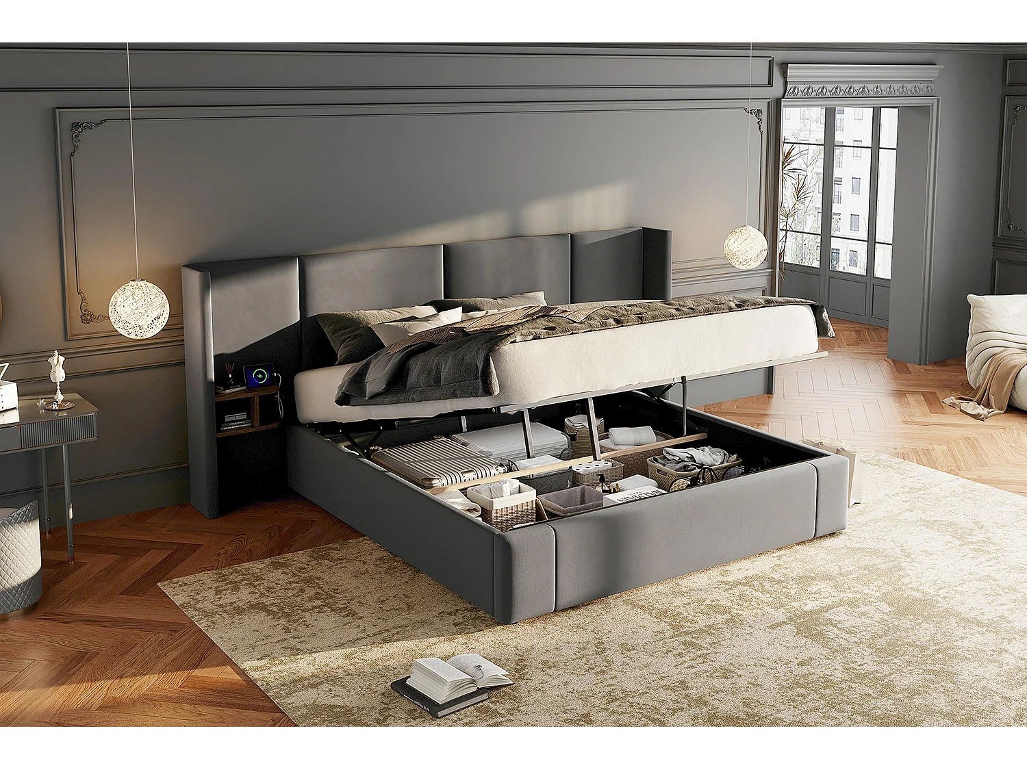 160x200cm Velvet Storage Bed - with USB Port and 2 Bedside Tables - with Slatted Base - Beige