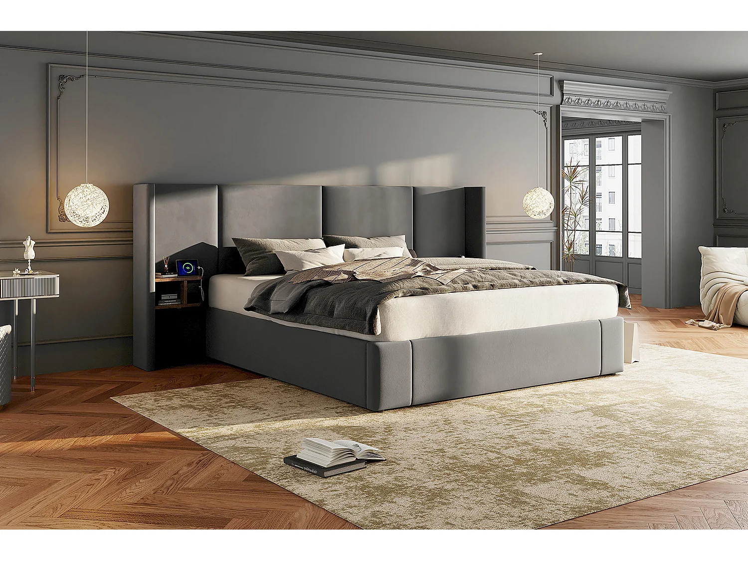 160x200cm Velvet Storage Bed - with USB Port and 2 Bedside Tables - with Slatted Base - Beige