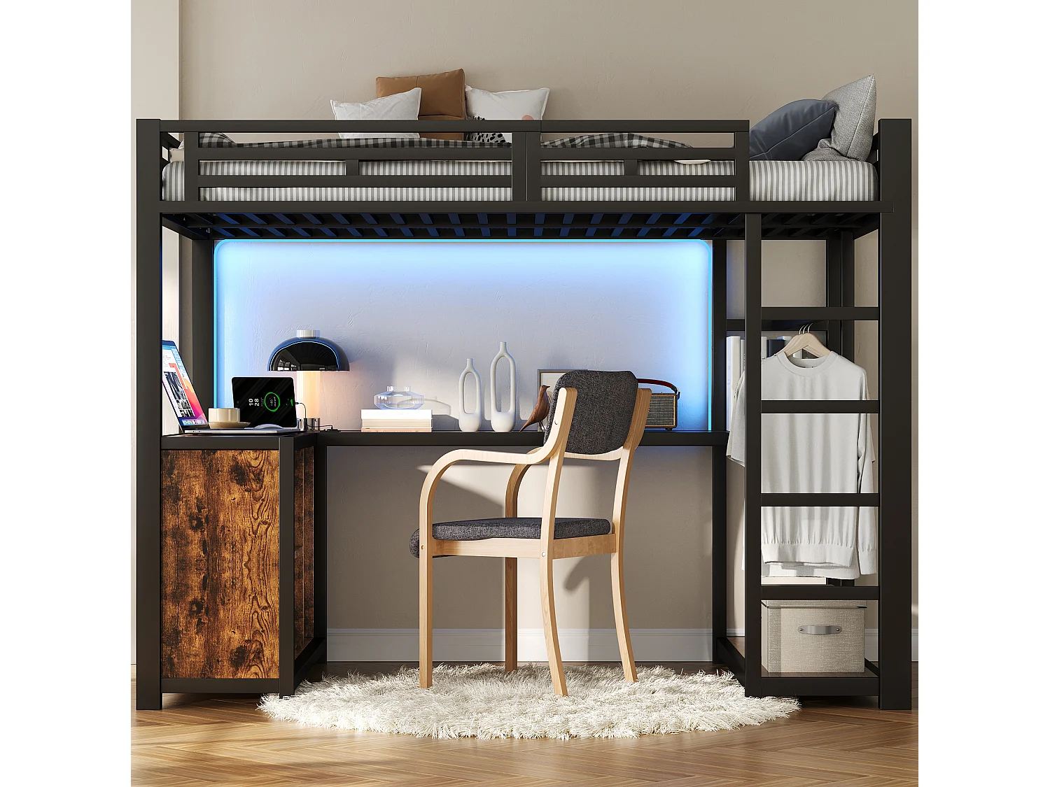 Højseng i metal 140x200 cm - LED-belysning og USB-port - Integreret skrivebord og åbent klædeskab - Sort (uden madras)
