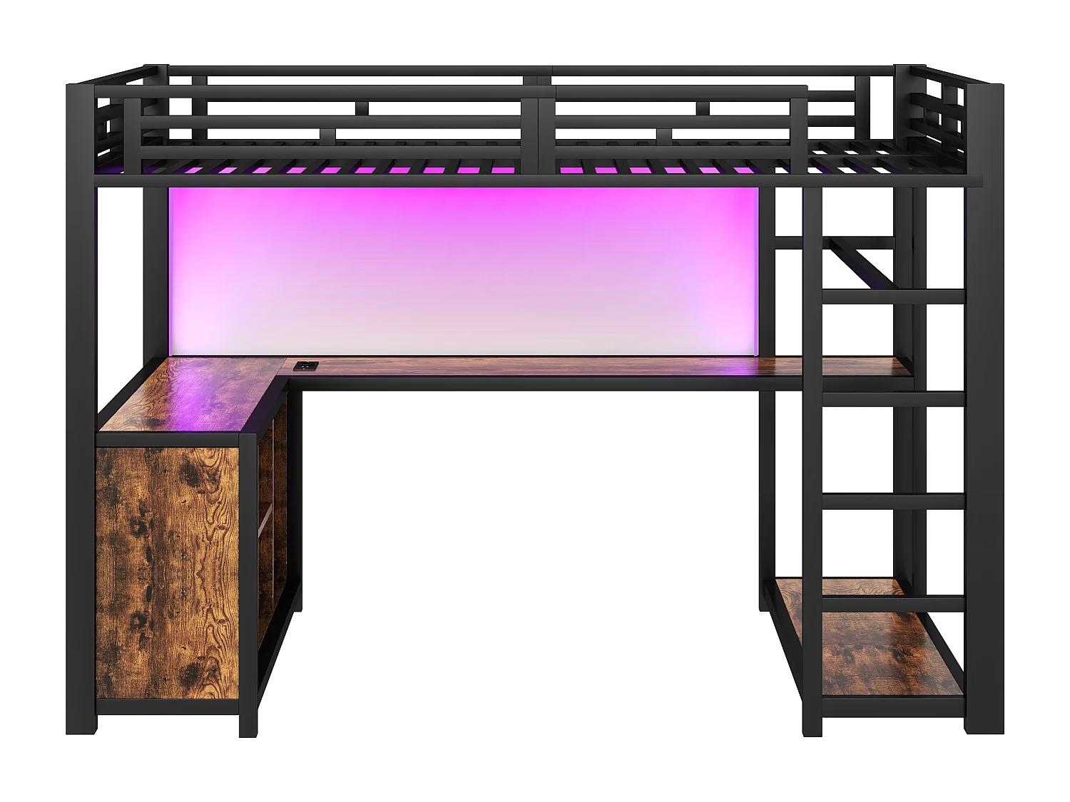 Højseng i metal 140x200 cm - LED-belysning og USB-port - Integreret skrivebord og åbent klædeskab - Sort (uden madras)