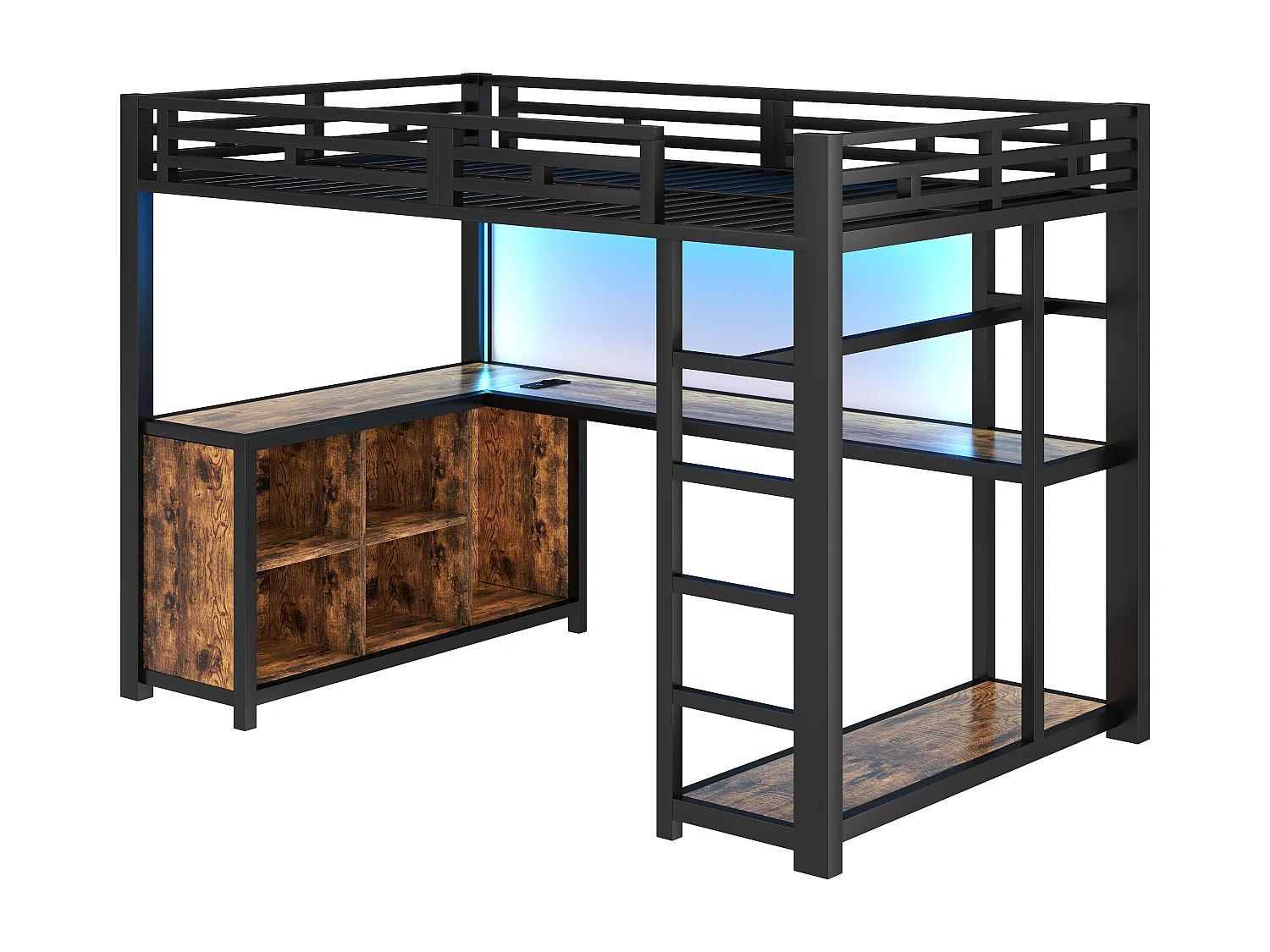 Højseng i metal 140x200 cm - LED-belysning og USB-port - Integreret skrivebord og åbent klædeskab - Sort (uden madras)