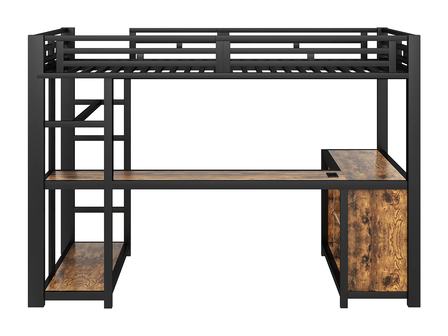 Højseng i metal 140x200 cm - LED-belysning og USB-port - Integreret skrivebord og åbent klædeskab - Sort (uden madras)