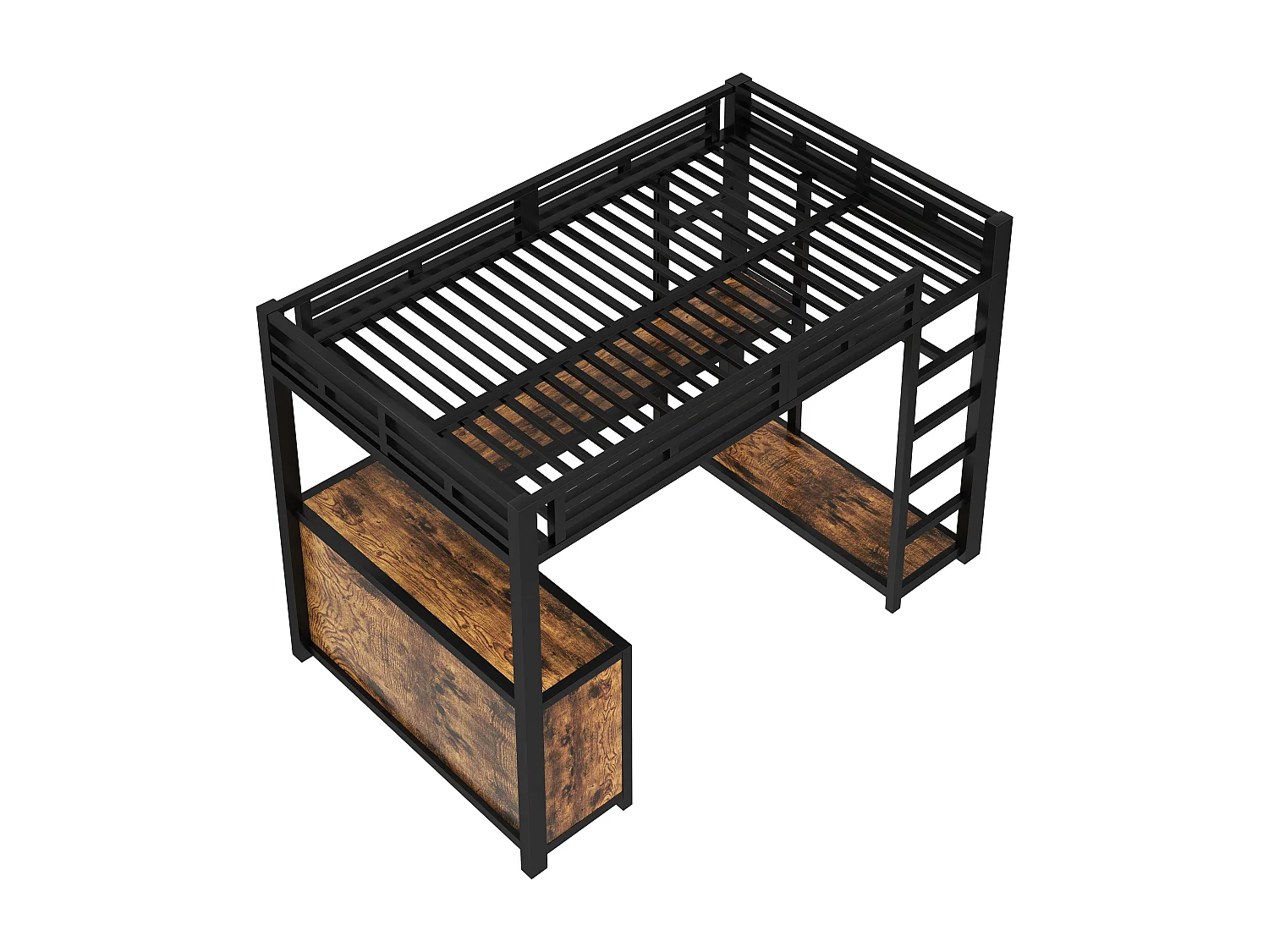 Højseng i metal 140x200 cm - LED-belysning og USB-port - Integreret skrivebord og åbent klædeskab - Sort (uden madras)
