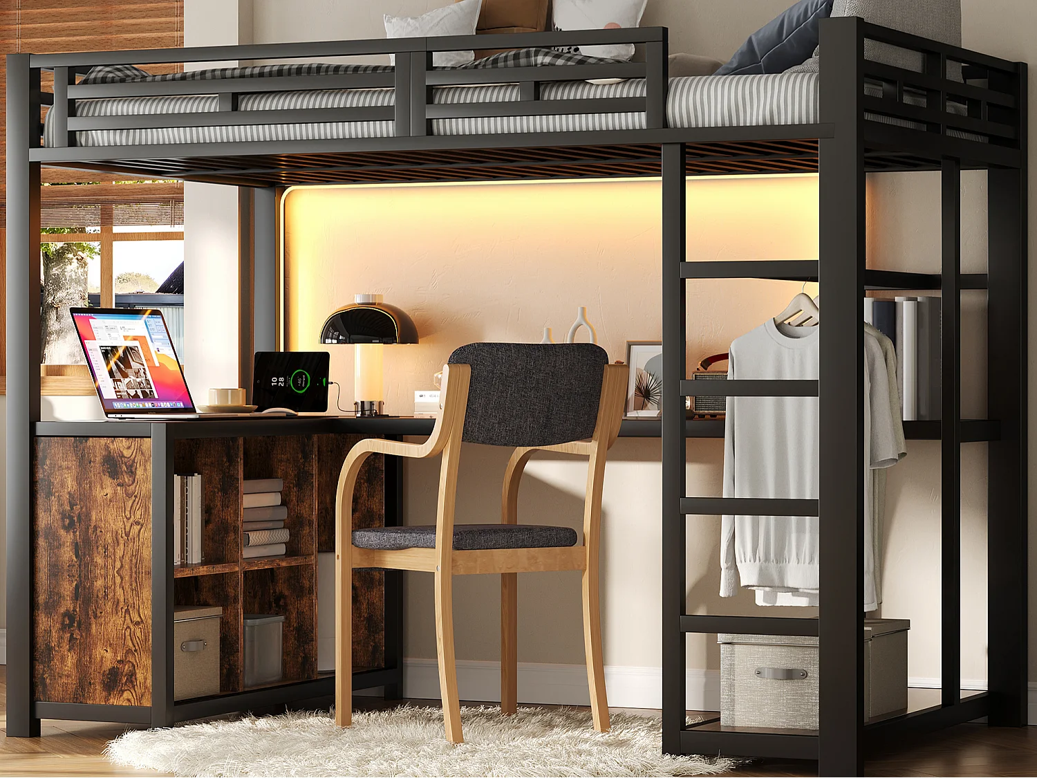 Højseng i metal 140x200 cm - LED-belysning og USB-port - Integreret skrivebord og åbent klædeskab - Sort (uden madras)