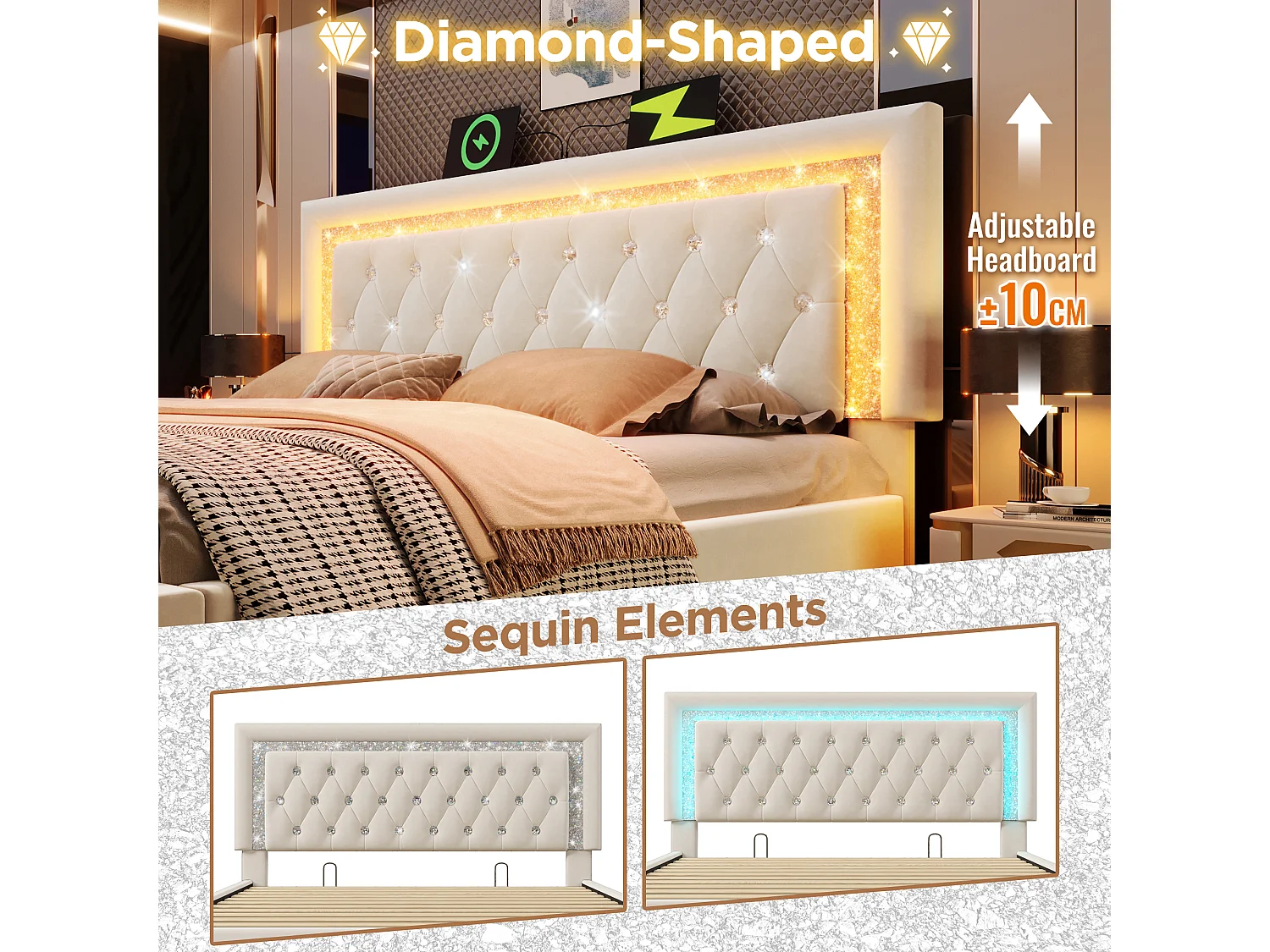 Upholstered storage bed 180x200cm in velvet - with LED lighting - with USB and Type-C ports - with slatted base - Beige (mattress not included)