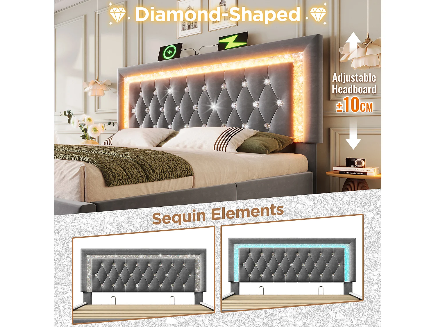 Upholstered storage bed 150x200cm in velvet - with LED lighting - with USB and Type-C ports - with slatted base - Grey (mattress not included)