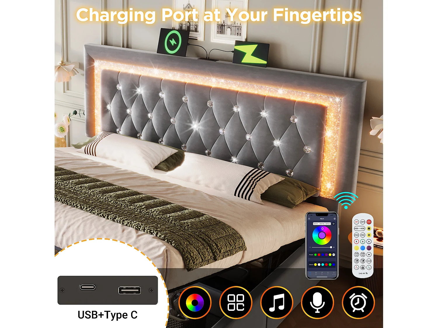 Upholstered storage bed 150x200cm in velvet - with LED lighting - with USB and Type-C ports - with slatted base - Grey (mattress not included)