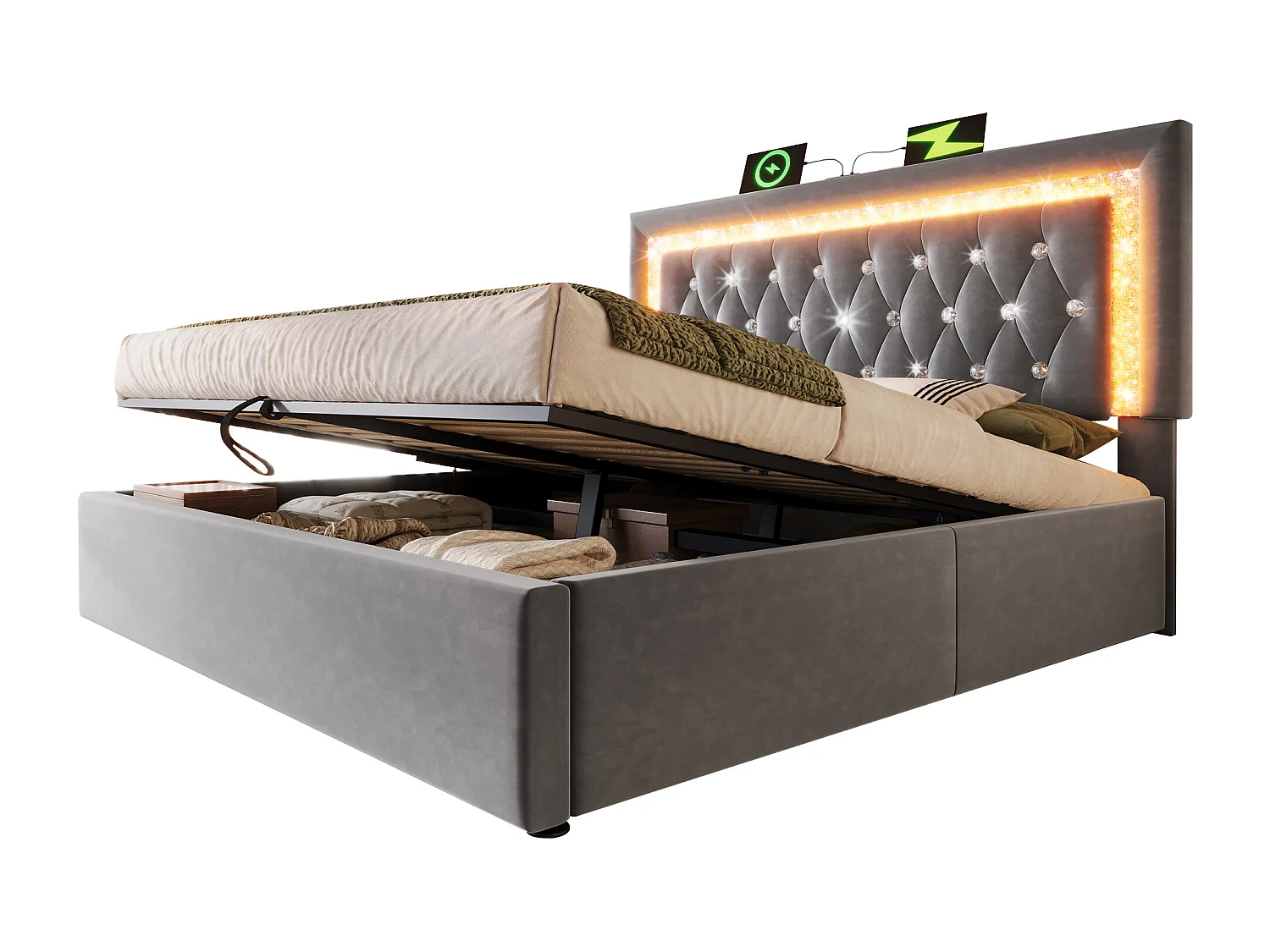 Upholstered storage bed 150x200cm in velvet - with LED lighting - with USB and Type-C ports - with slatted base - Grey (mattress not included)