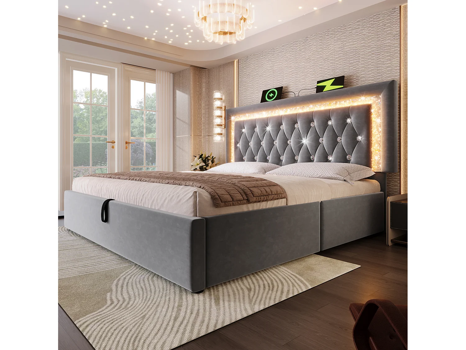 Upholstered storage bed 150x200cm in velvet - with LED lighting - with USB and Type-C ports - with slatted base - Grey (mattress not included)