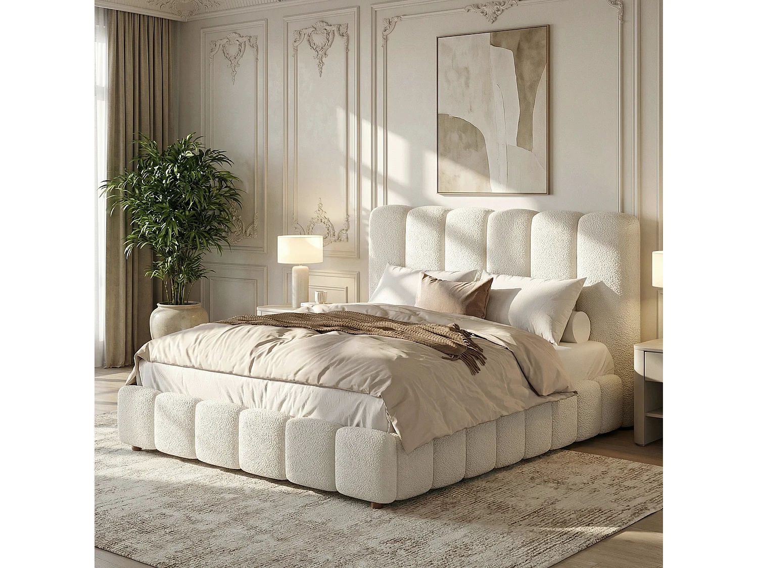 Upholstered storage bed 135x190cm - with slatted base - Bouclé fabric - White (mattress not included)