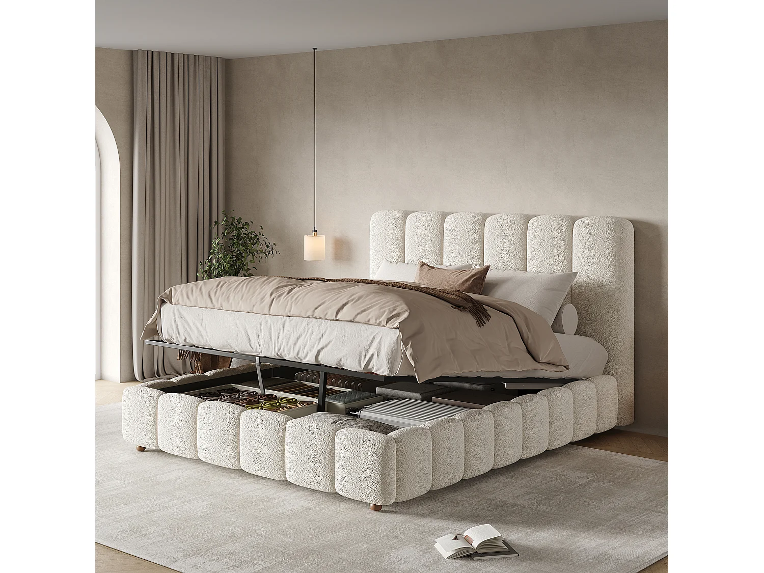Upholstered storage bed 135x190cm - with slatted base - Bouclé fabric - White (mattress not included)