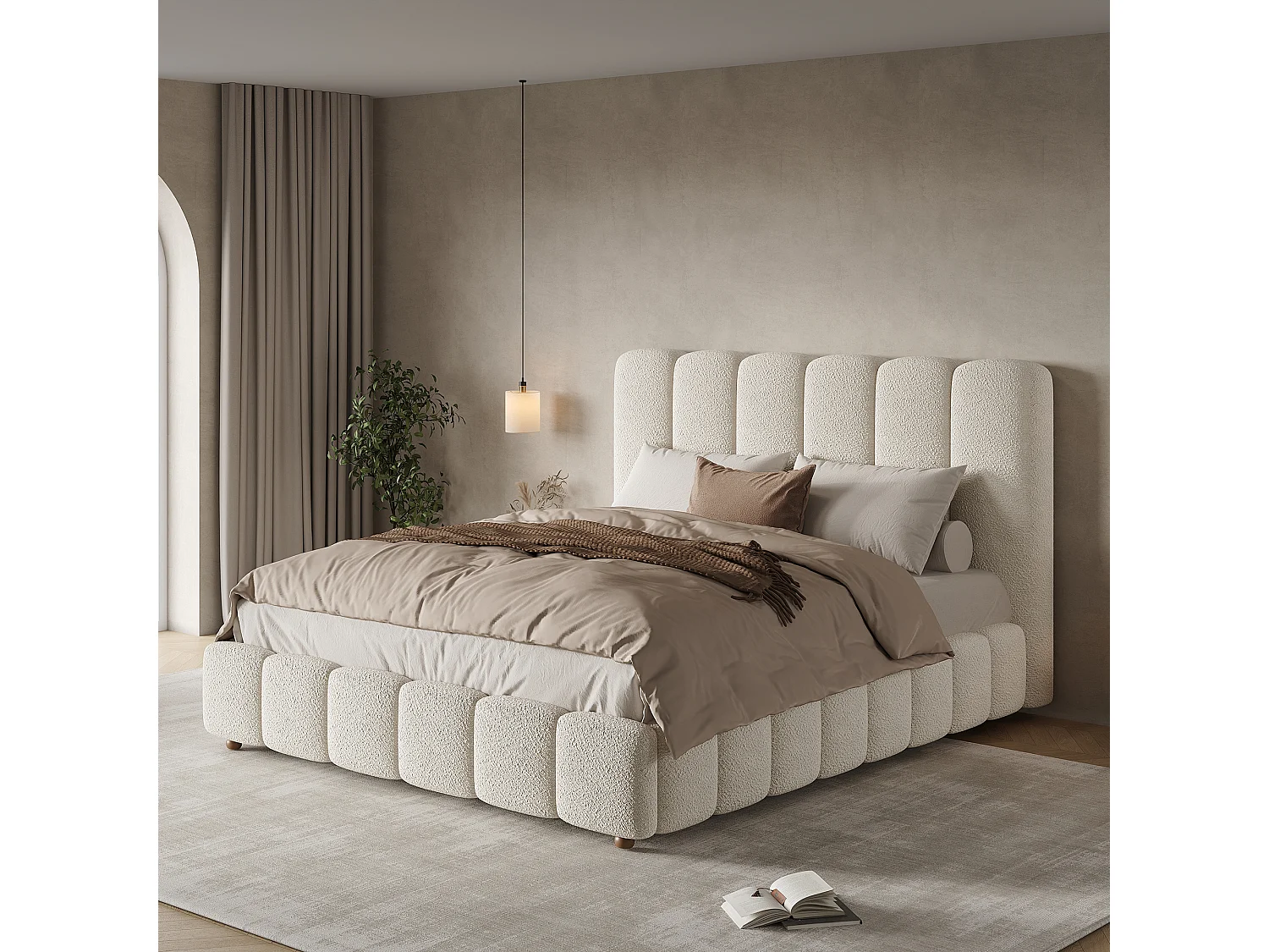 Upholstered storage bed 135x190cm - with slatted base - Bouclé fabric - White (mattress not included)