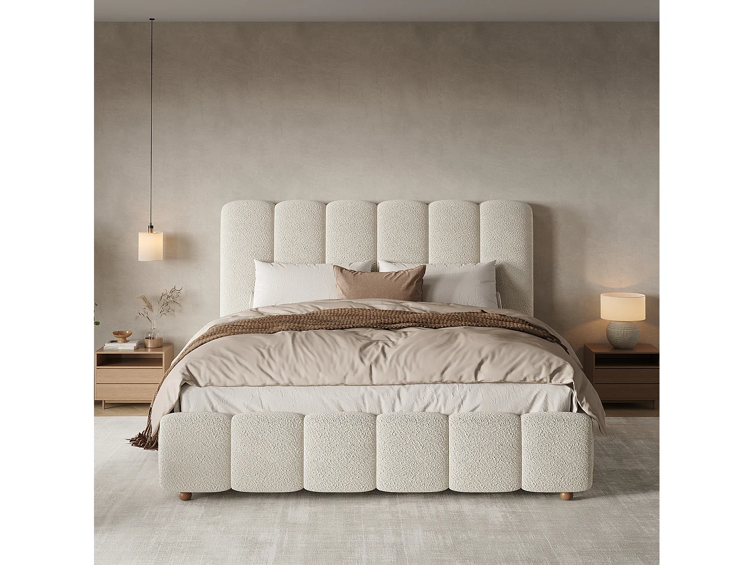 Upholstered storage bed 135x190cm - with slatted base - Bouclé fabric - White (mattress not included)