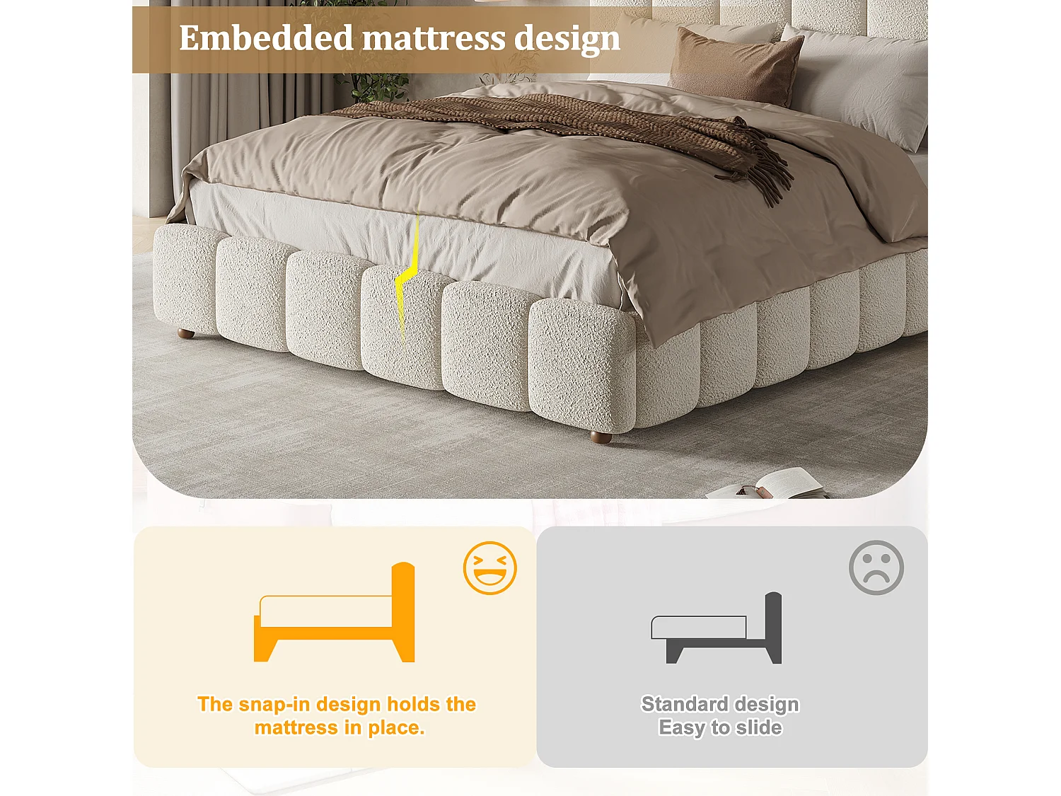 Upholstered storage bed 135x190cm - with slatted base - Bouclé fabric - White (mattress not included)