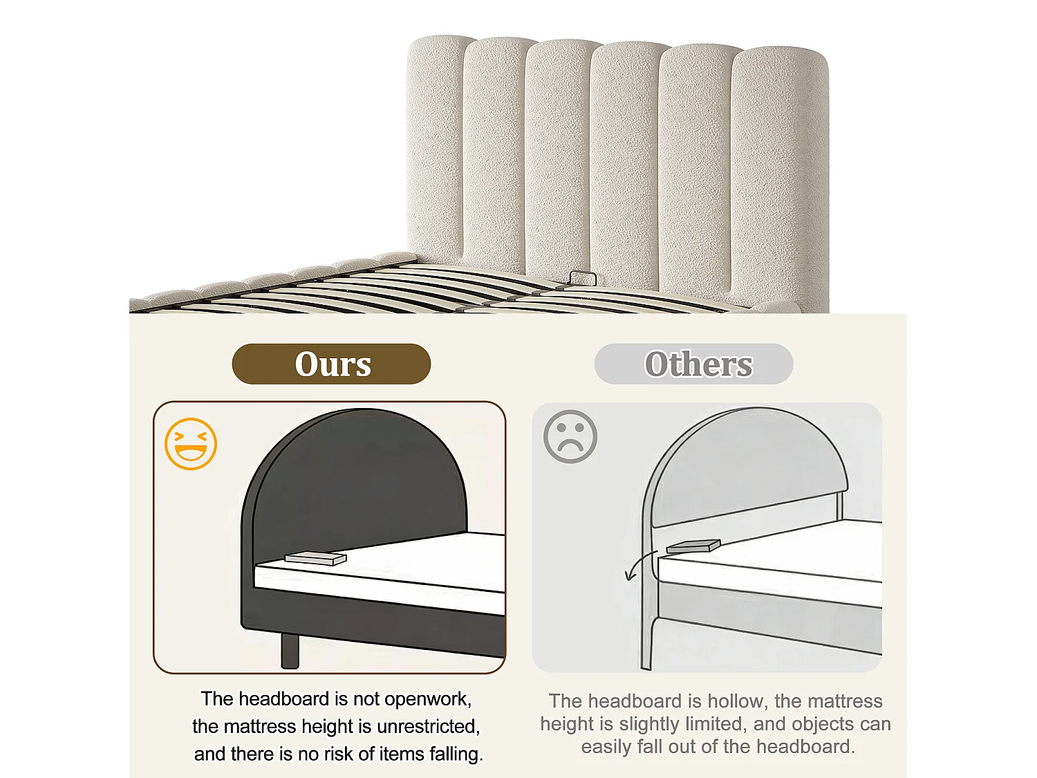 Upholstered storage bed 135x190cm - with slatted base - Bouclé fabric - White (mattress not included)