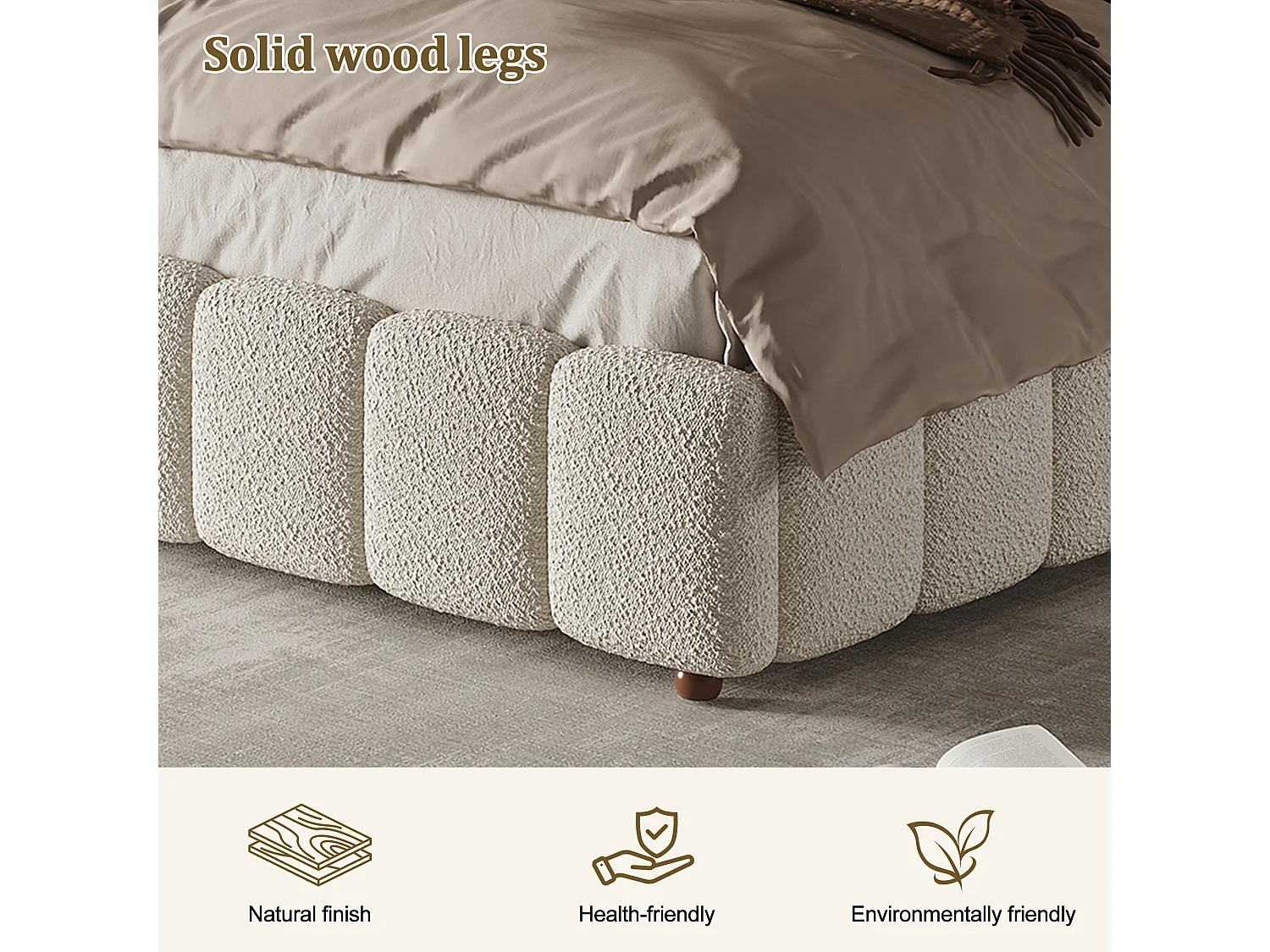 Upholstered storage bed 135x190cm - with slatted base - Bouclé fabric - White (mattress not included)