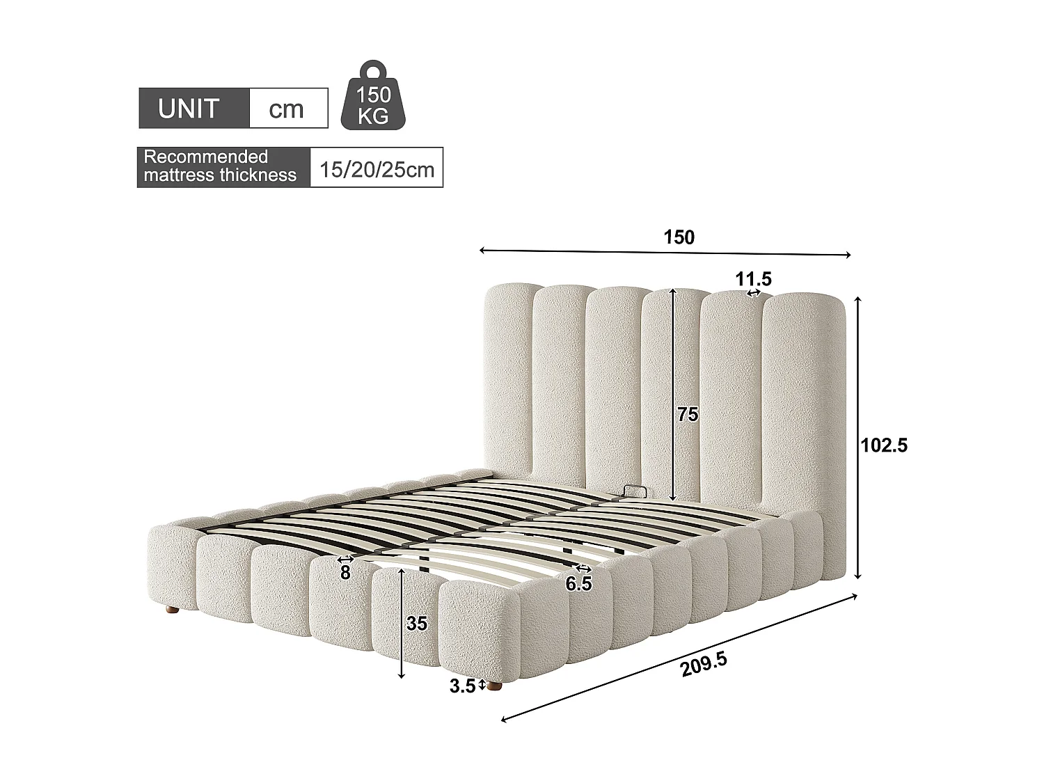 Upholstered storage bed 135x190cm - with slatted base - Bouclé fabric - White (mattress not included)
