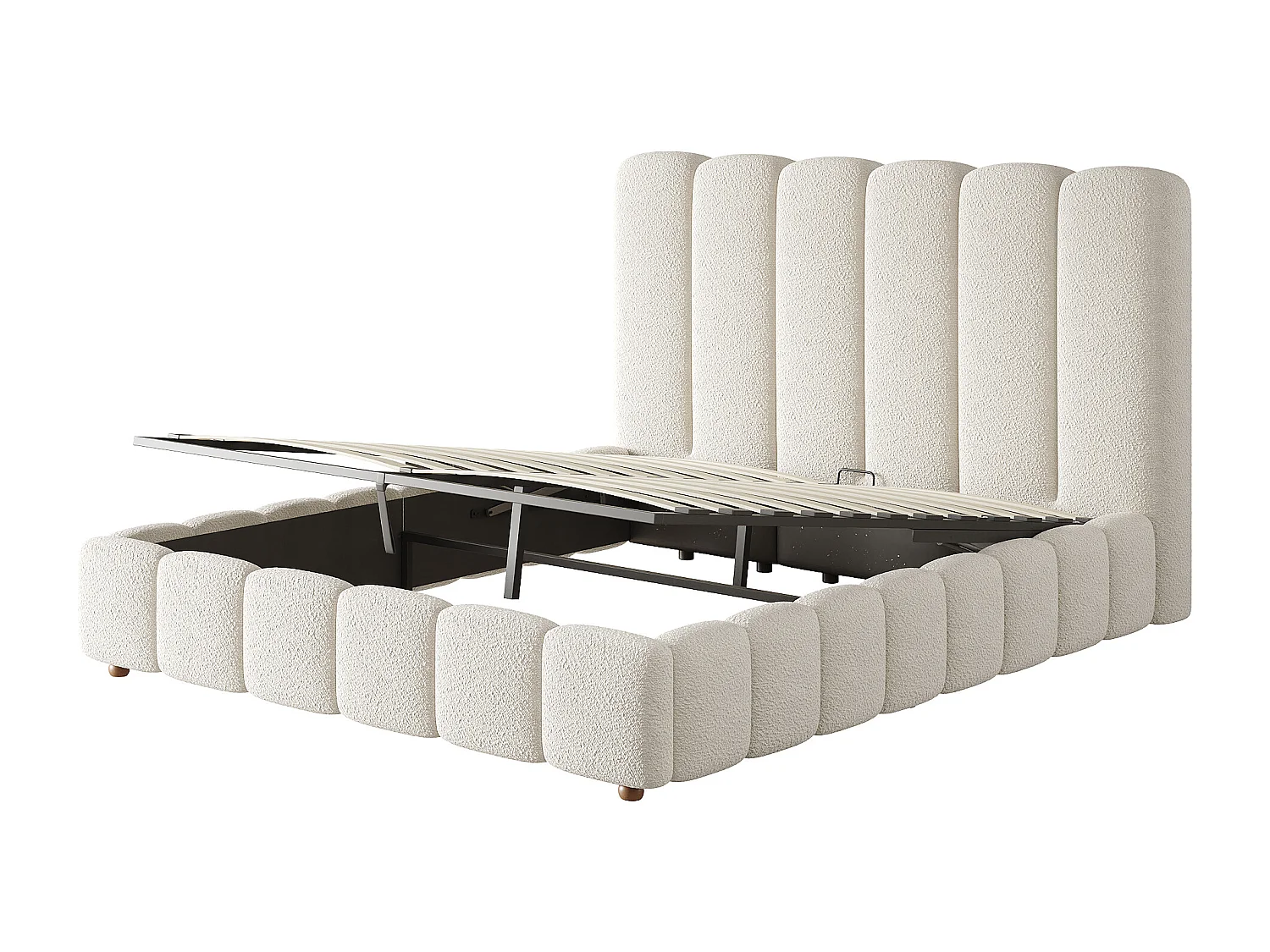 Upholstered storage bed 135x190cm - with slatted base - Bouclé fabric - White (mattress not included)