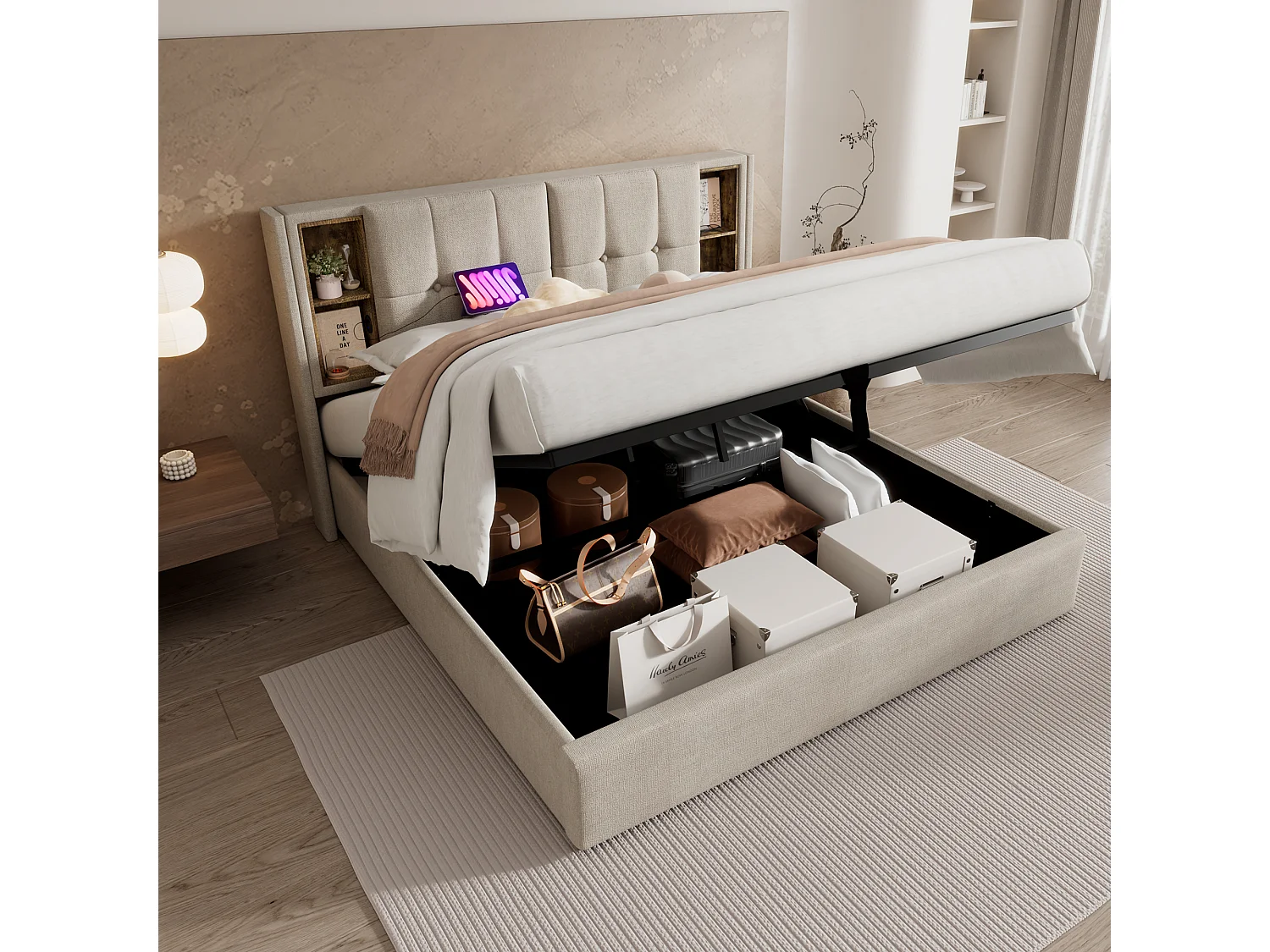 Upholstered storage bed 180x200 cm - with wireless charging and storage headboard - linen fabric - Beige