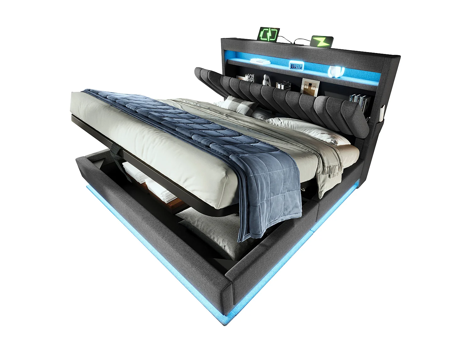 Upholstered storage bed 150x200cm - with LED lighting - with USB and Type-C ports - Linen fabric - Headboard with storage space - Grey