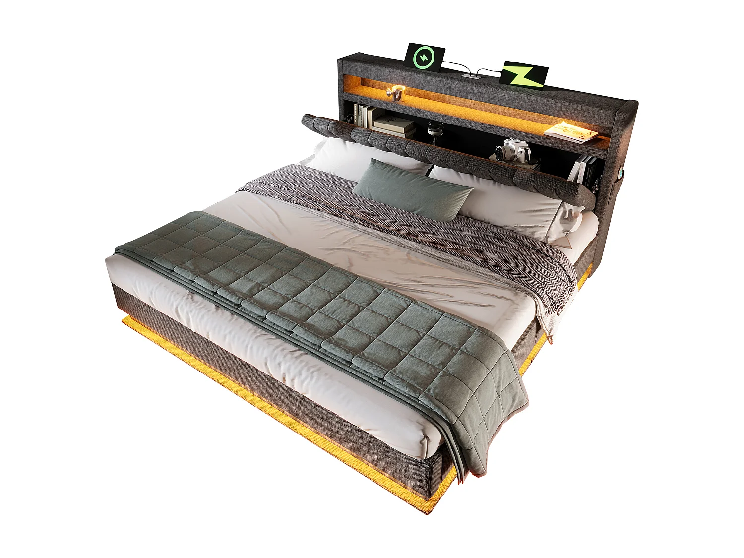 Upholstered storage bed 150x200cm - with LED lighting - with USB and Type-C ports - Linen fabric - Headboard with storage space - Grey