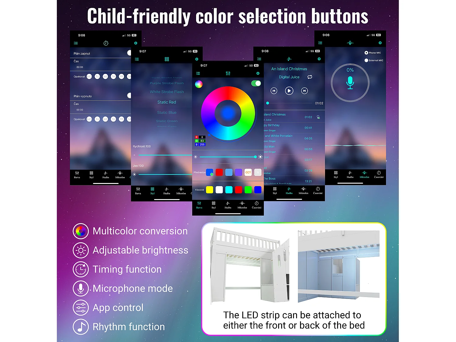 Children's loft bed 90x190cm - with LED light strip - with slide - Storage ladder - White (Mattress not included)