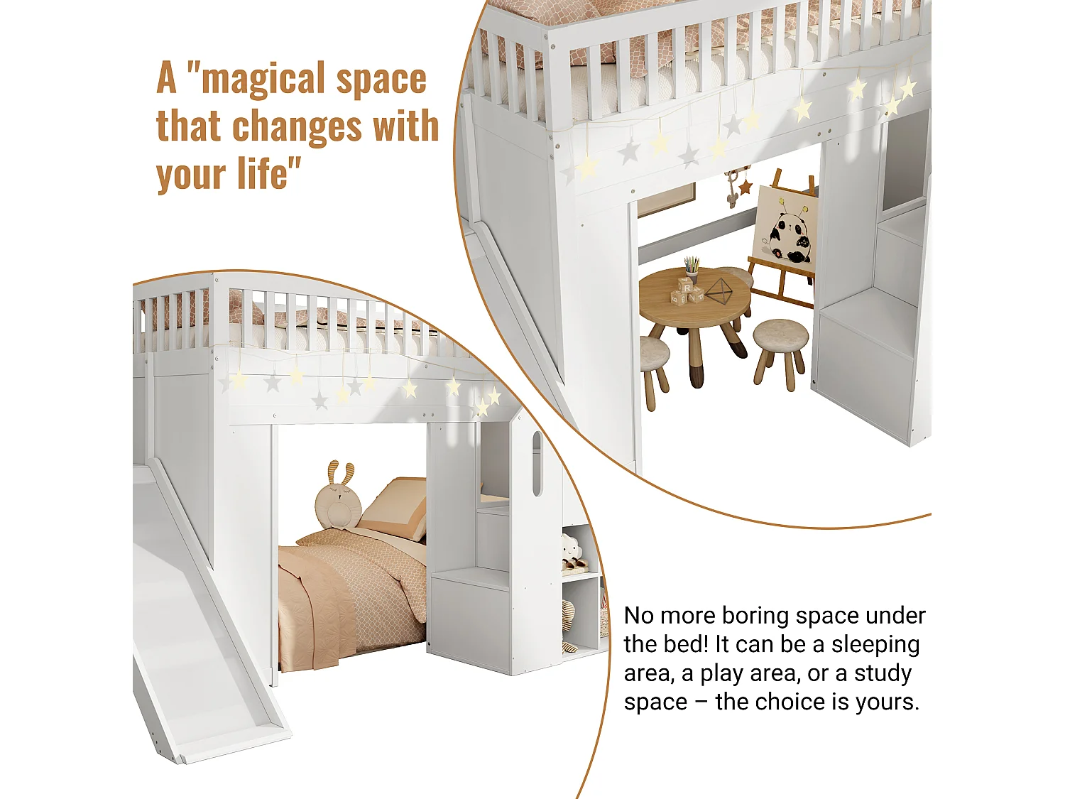 Children's loft bed 90x190cm - with LED light strip - with slide - Storage ladder - White (Mattress not included)