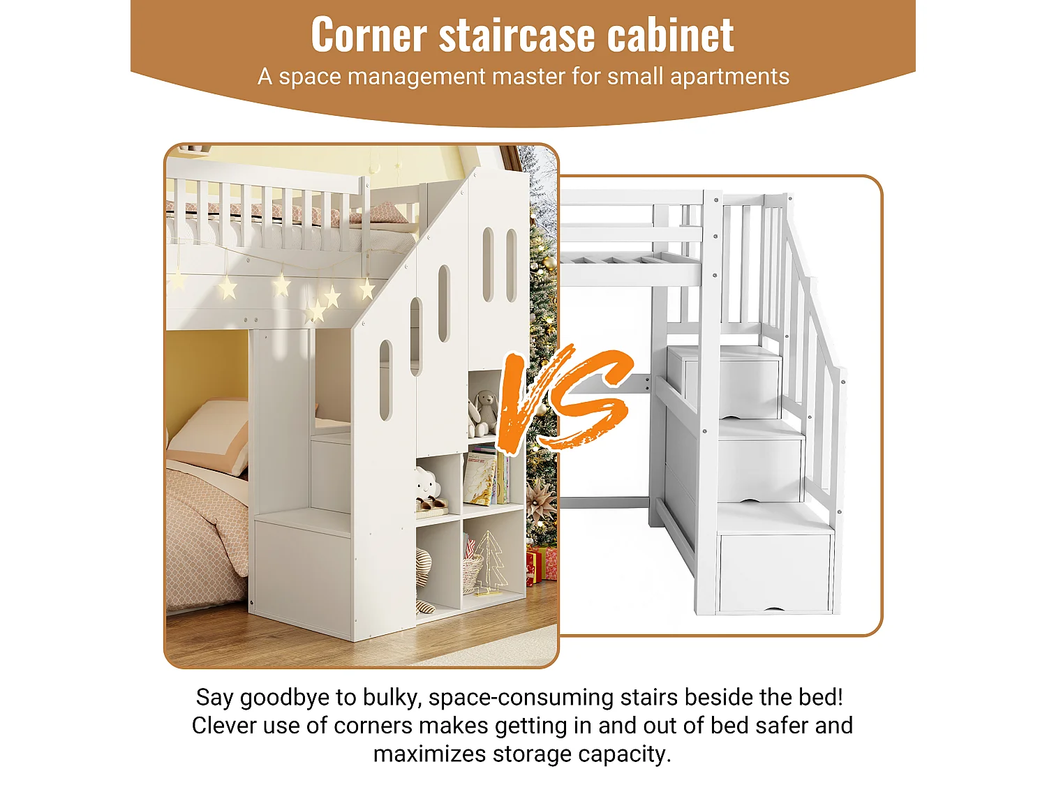 Children's loft bed 90x190cm - with LED light strip - with slide - Storage ladder - White (Mattress not included)