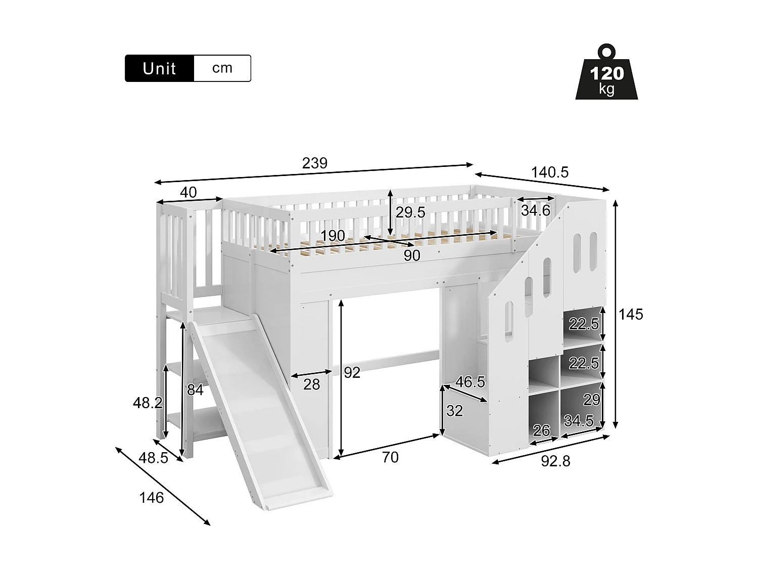 Children's loft bed 90x190cm - with LED light strip - with slide - Storage ladder - White (Mattress not included)