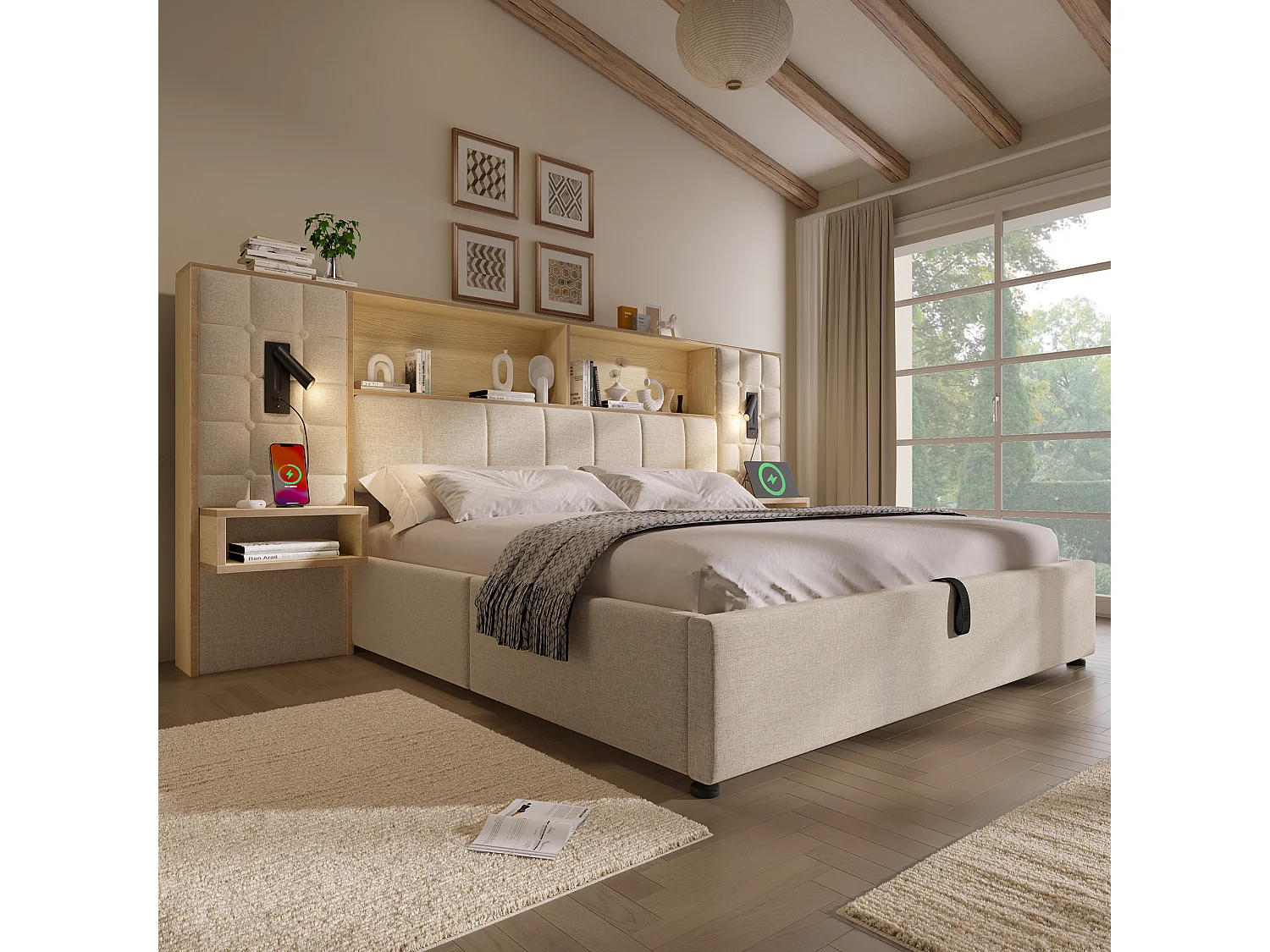 Polsterbett mit Stauraum 160x200 cm - mit LED-Beleuchtung und 2 Leselampen - 2 Nachttische - USB Type-C Ladeanschluss - Leinenstoff - Beige