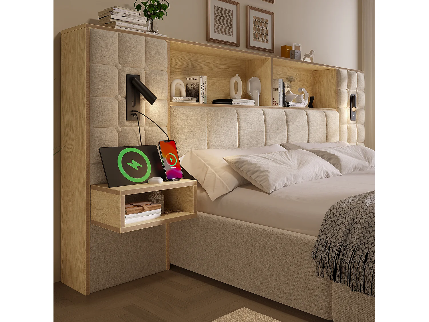 Polsterbett mit Stauraum 160x200 cm - mit LED-Beleuchtung und 2 Leselampen - 2 Nachttische - USB Type-C Ladeanschluss - Leinenstoff - Beige