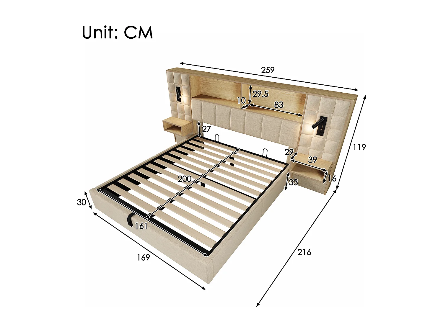 Polsterbett mit Stauraum 160x200 cm - mit LED-Beleuchtung und 2 Leselampen - 2 Nachttische - USB Type-C Ladeanschluss - Leinenstoff - Beige