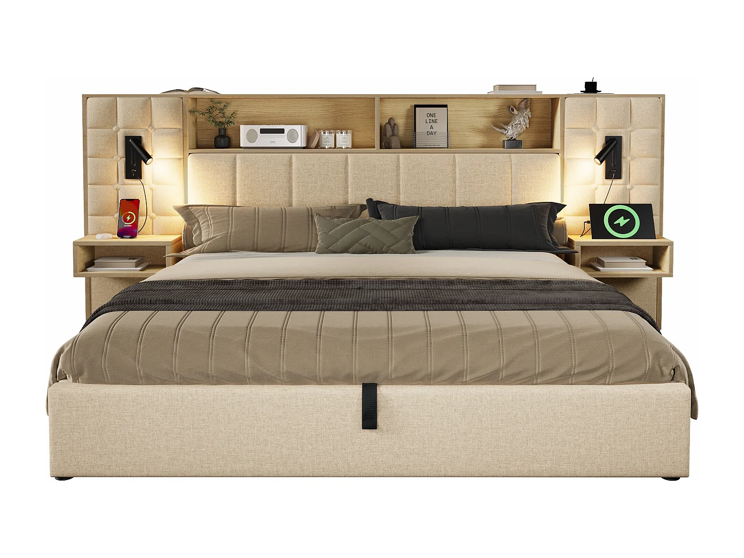 Polsterbett mit Stauraum 160x200 cm - mit LED-Beleuchtung und 2 Leselampen - 2 Nachttische - USB Type-C Ladeanschluss - Leinenstoff - Beige