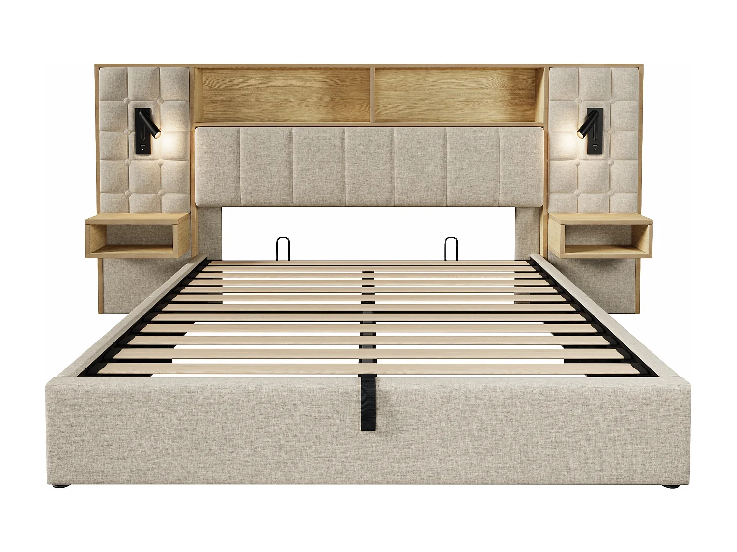 Polsterbett mit Stauraum 160x200 cm - mit LED-Beleuchtung und 2 Leselampen - 2 Nachttische - USB Type-C Ladeanschluss - Leinenstoff - Beige