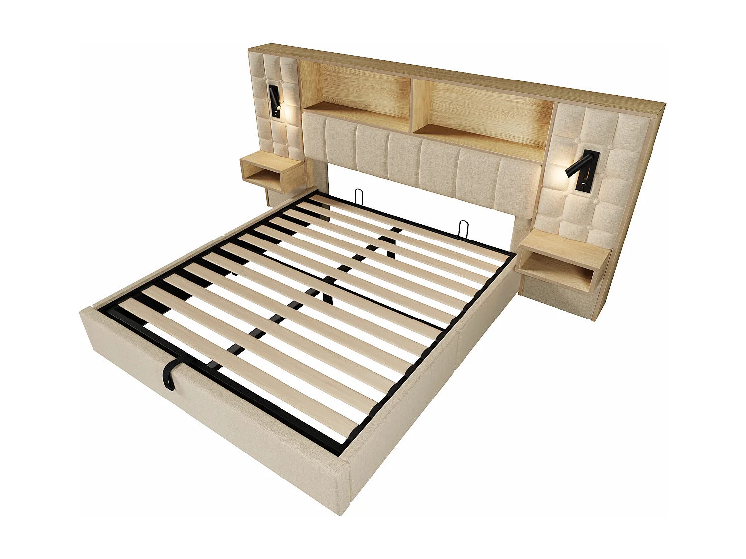 Polsterbett mit Stauraum 160x200 cm - mit LED-Beleuchtung und 2 Leselampen - 2 Nachttische - USB Type-C Ladeanschluss - Leinenstoff - Beige