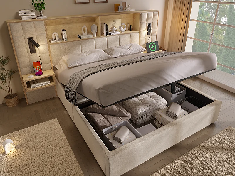Cama estofada com arrumação 160x200 cm - com iluminação LED - 2 mesas de cabeceira - porta de carregamento USB Type-C - tecido de linho - bege