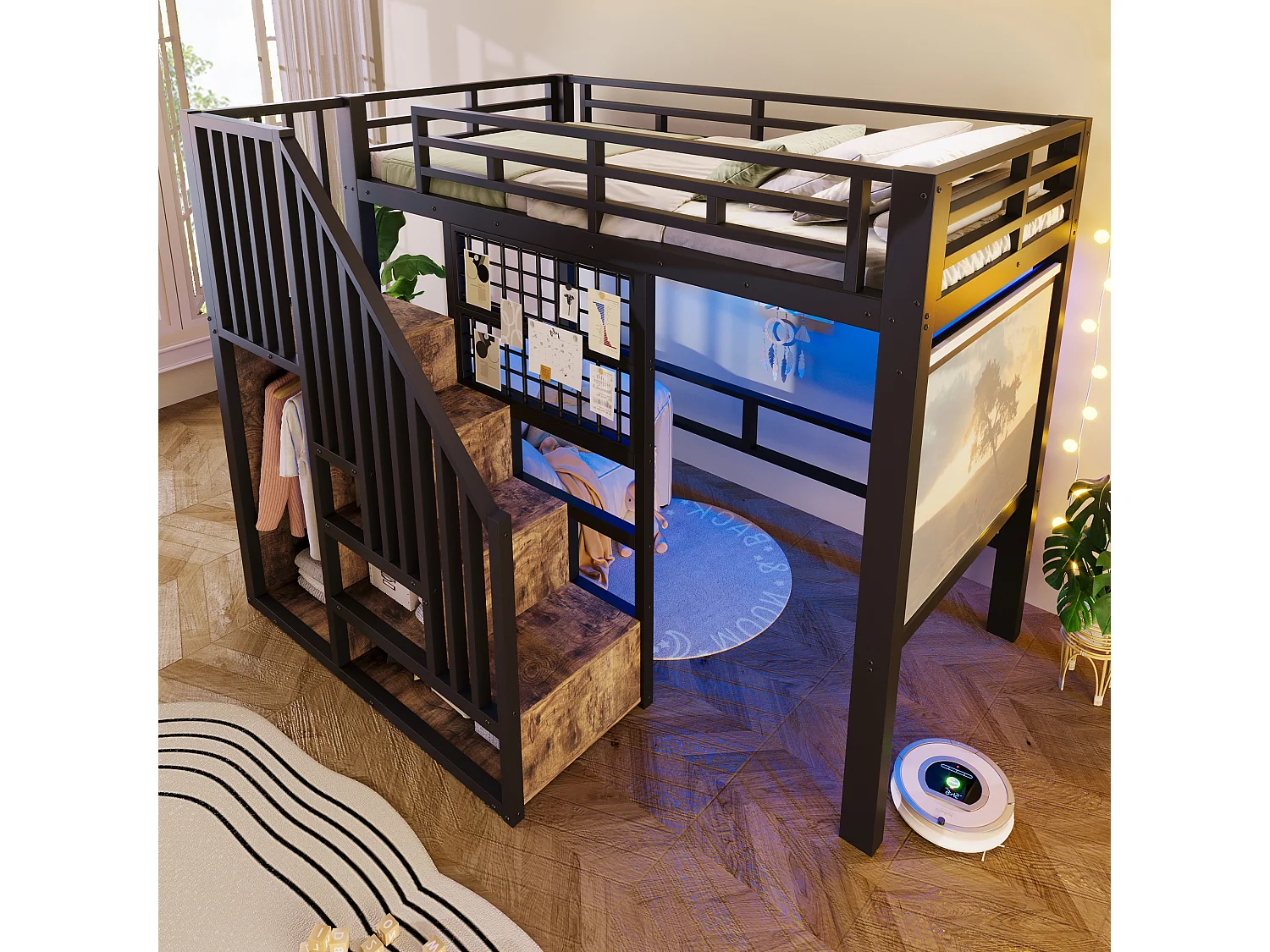 Hochbett 90 x 200 cm - Struktur aus Schmiedeeisen - Integrierte Stauraumleiter - Sicherheitsgeländer - LED-Beleuchtung - schwarz (Matratze nicht enthalten)