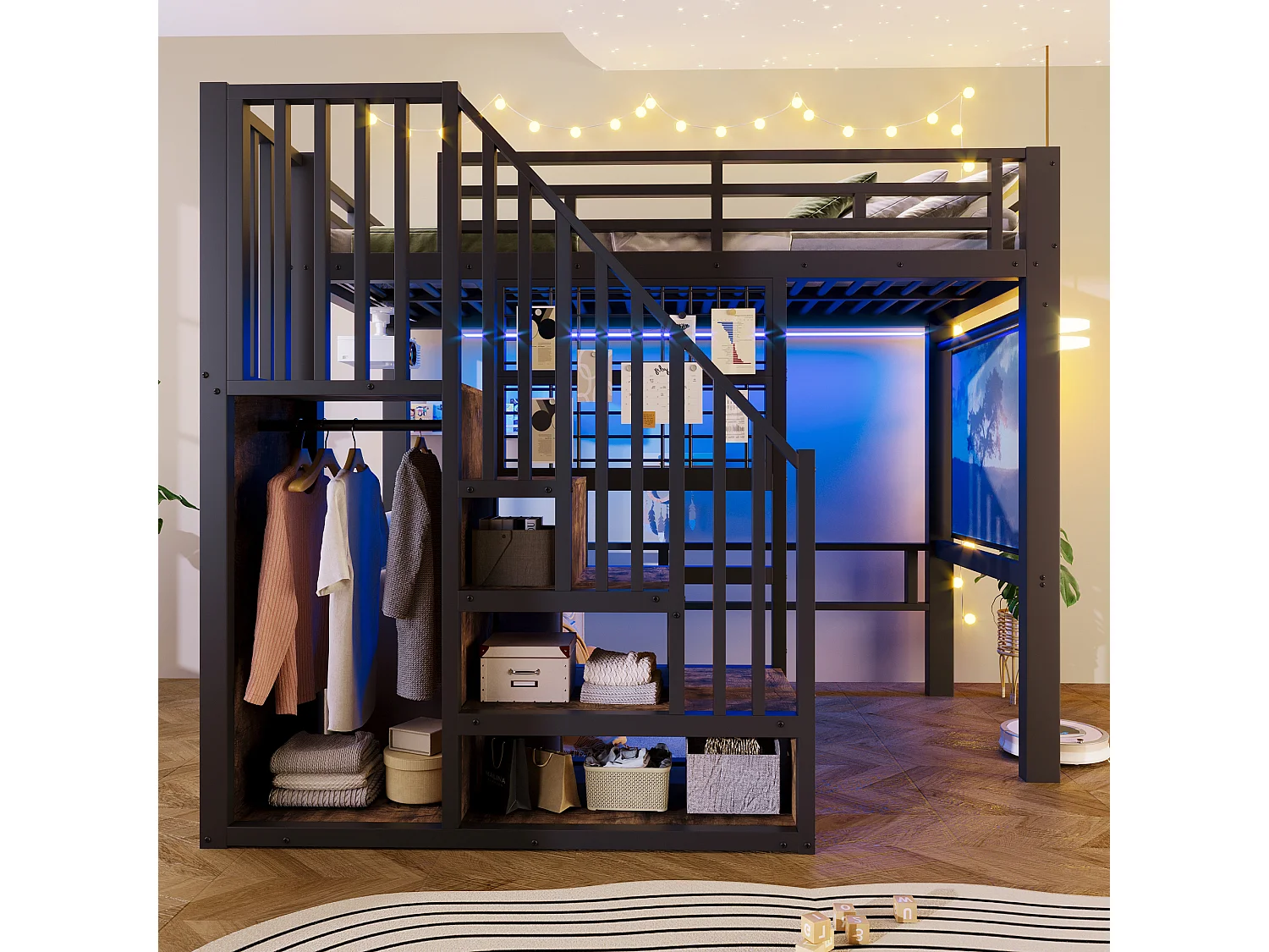 Hochbett 90 x 200 cm - Struktur aus Schmiedeeisen - Integrierte Stauraumleiter - Sicherheitsgeländer - LED-Beleuchtung - schwarz (Matratze nicht enthalten)