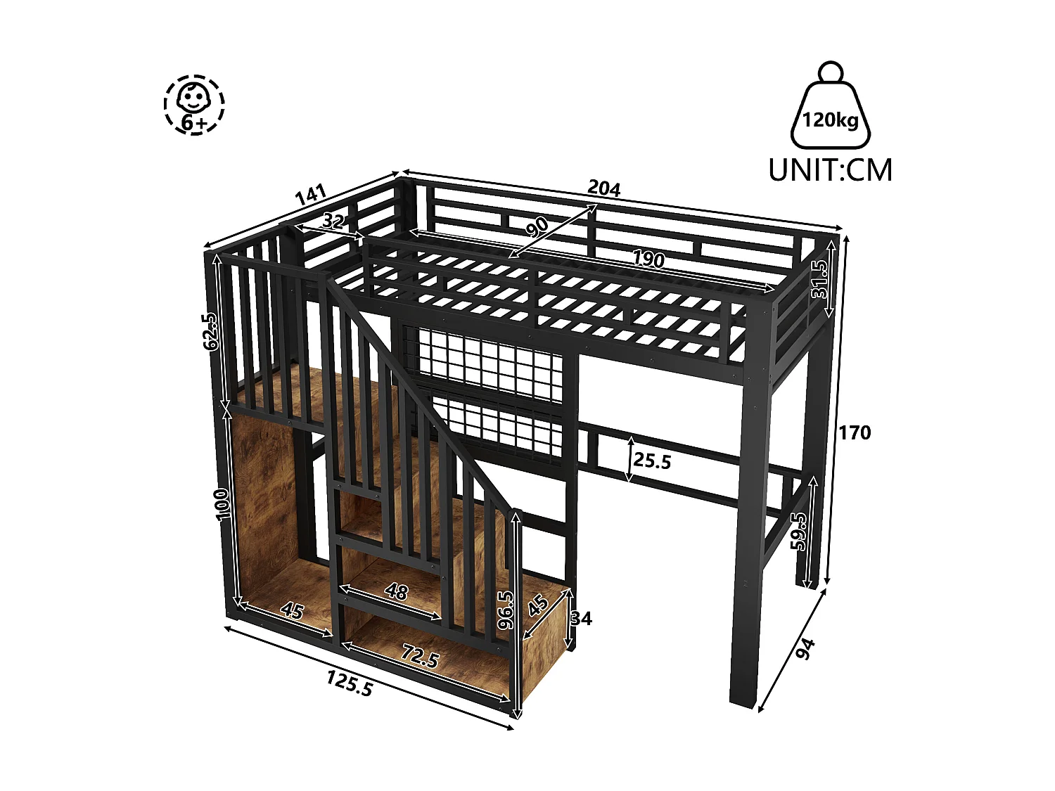 Hochbett 90 x 200 cm - Struktur aus Schmiedeeisen - Integrierte Stauraumleiter - Sicherheitsgeländer - LED-Beleuchtung - schwarz (Matratze nicht enthalten)