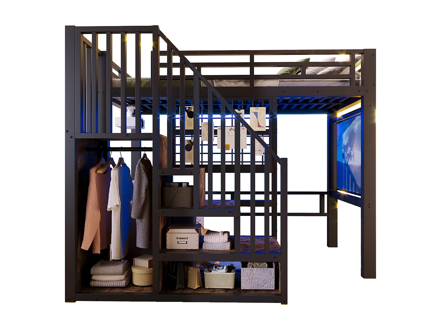 Hochbett 90 x 200 cm - Struktur aus Schmiedeeisen - Integrierte Stauraumleiter - Sicherheitsgeländer - LED-Beleuchtung - schwarz (Matratze nicht enthalten)