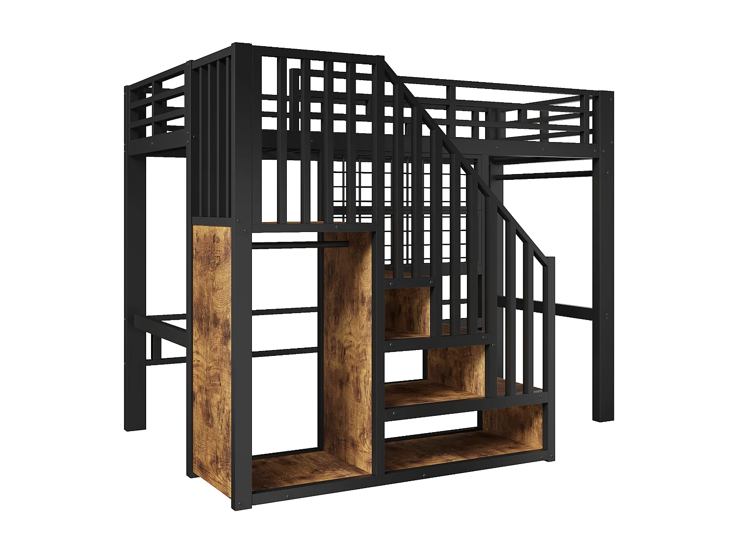 Hochbett 90 x 200 cm - Struktur aus Schmiedeeisen - Integrierte Stauraumleiter - Sicherheitsgeländer - LED-Beleuchtung - schwarz (Matratze nicht enthalten)