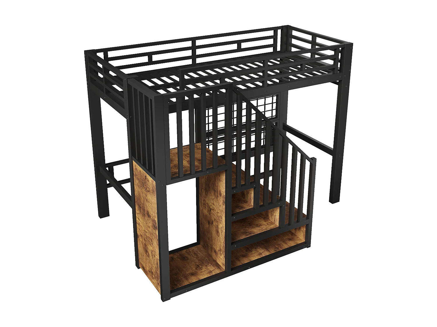 Hochbett 90 x 200 cm - Struktur aus Schmiedeeisen - Integrierte Stauraumleiter - Sicherheitsgeländer - LED-Beleuchtung - schwarz (Matratze nicht enthalten)