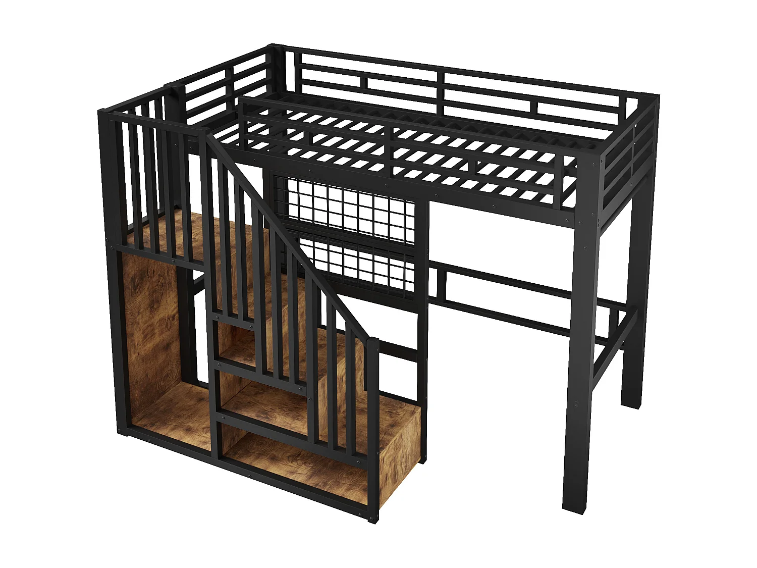 Hochbett 90 x 200 cm - Struktur aus Schmiedeeisen - Integrierte Stauraumleiter - Sicherheitsgeländer - LED-Beleuchtung - schwarz (Matratze nicht enthalten)
