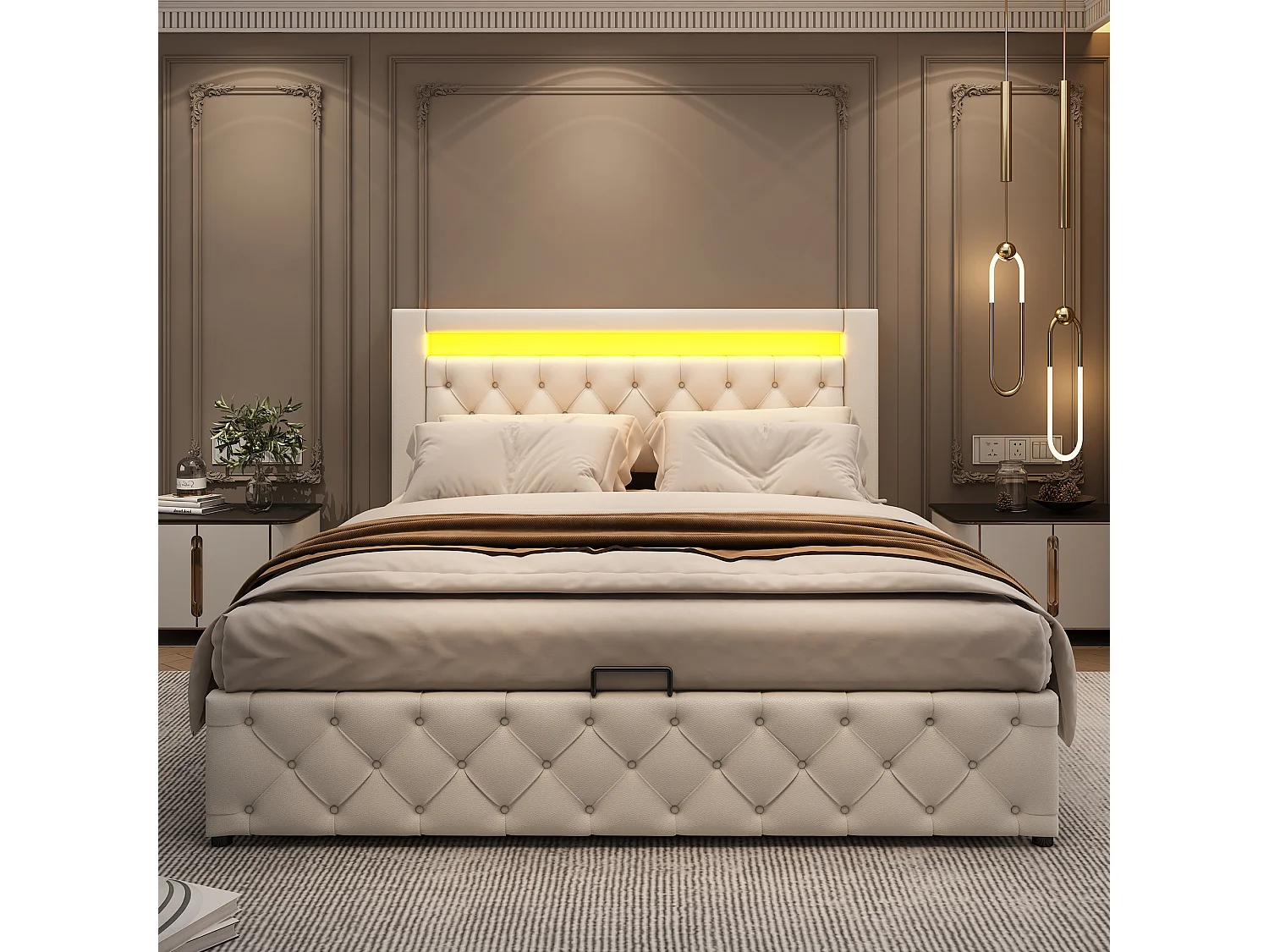 Upholstered storage bed in faux leather with LED lighting - 140x200 cm - with slatted base - Black