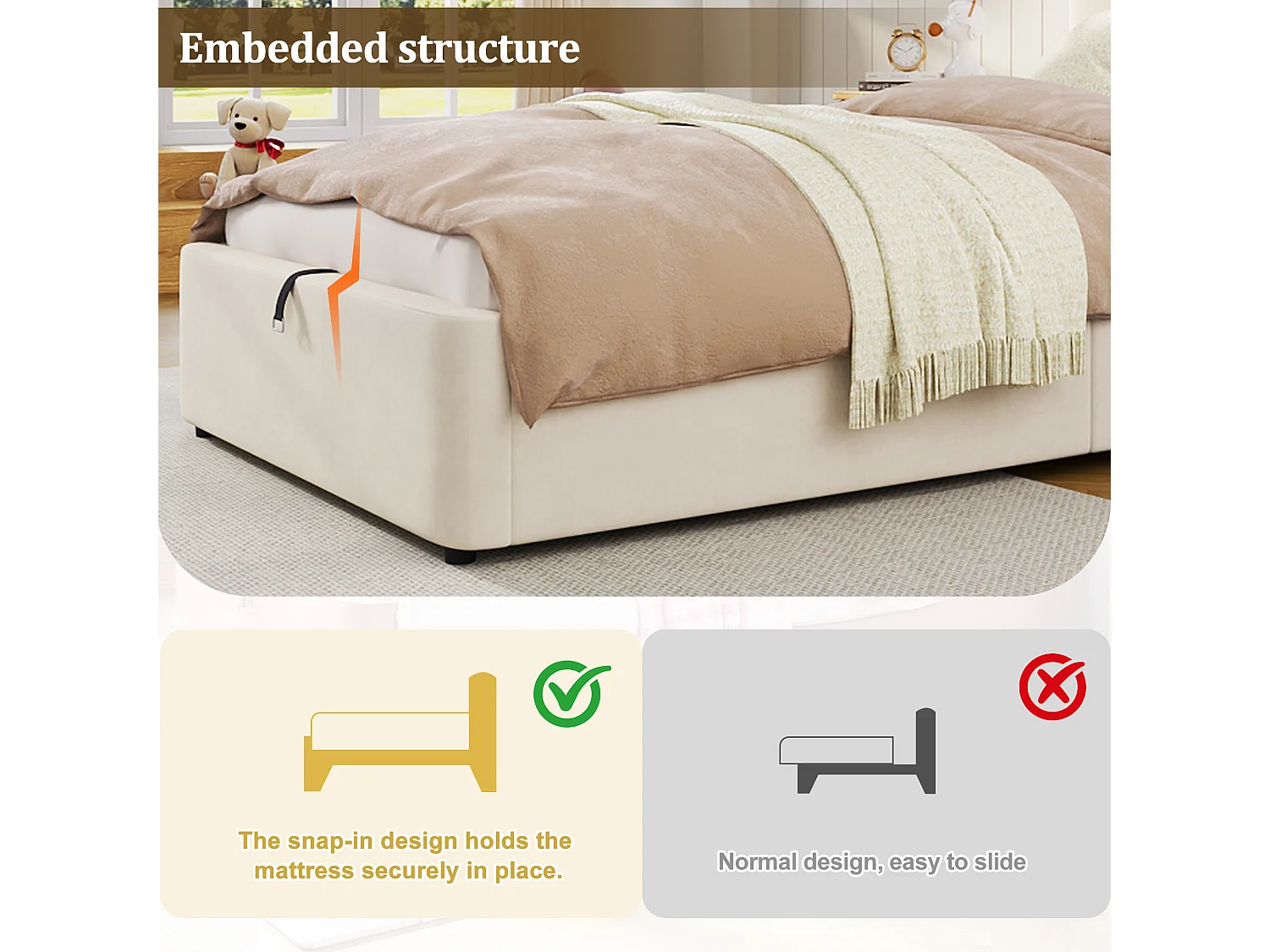 Children's storage bed 90 x 200 cm - with padded headboard - with storage space - Velvet - Beige (Mattress not included)
