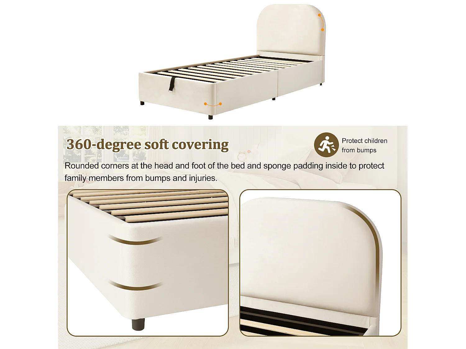 Children's storage bed 90 x 200 cm - with padded headboard - with storage space - Velvet - Beige (Mattress not included)